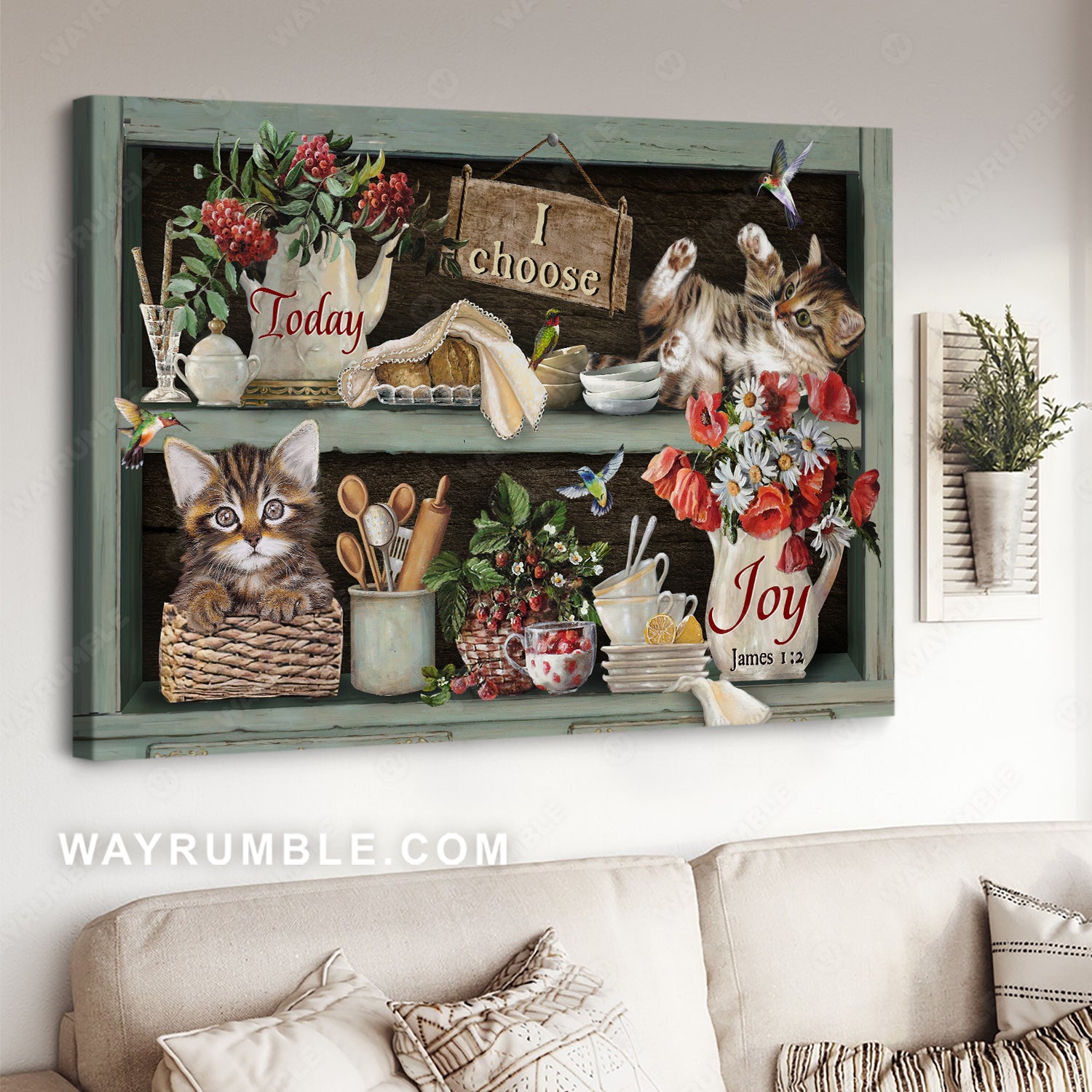 Little cat painting, Red poppy, Vintage drawing, Today I choose joy - Jesus Landscape Canvas Prints, Home Decor Wall Art