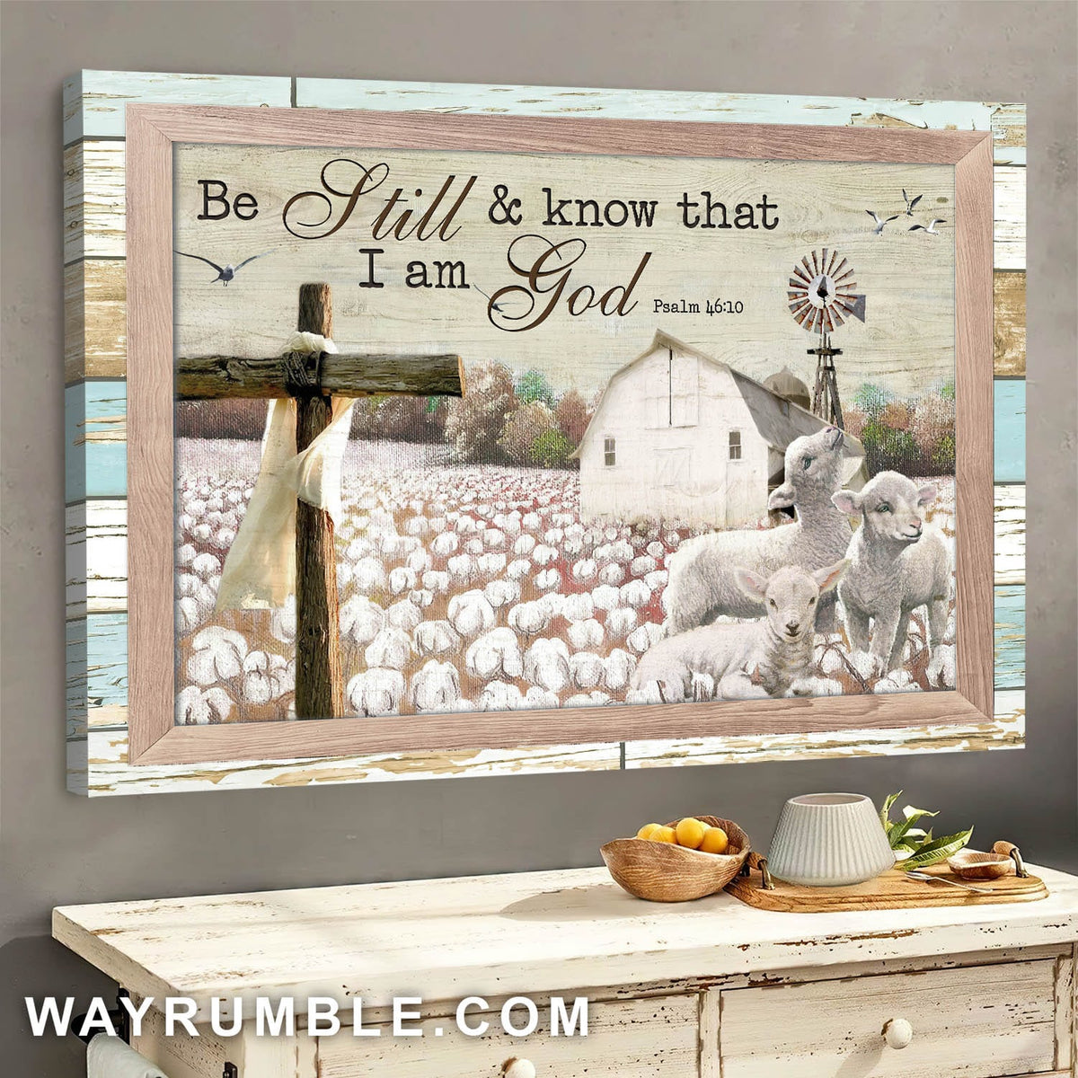 Lambs with cotton tree farm - Be still and know that I am God - Jesus Landscape Canvas Prints - Wall Art