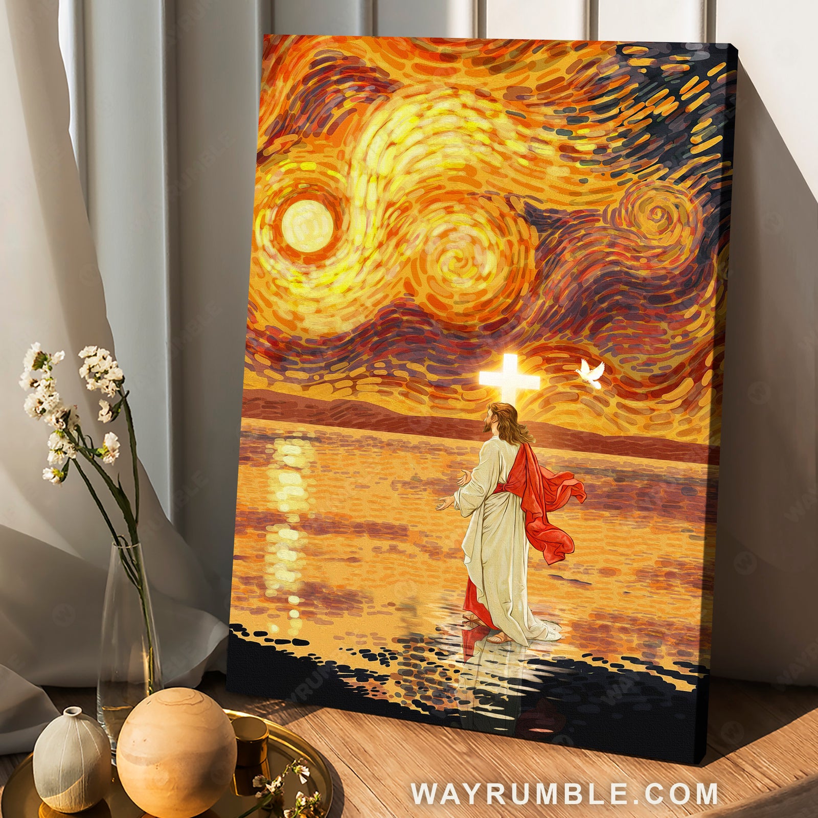 Stunning sunset, Light cross, Jesus walking on water, Jesus calls - Jesus Portrait Canvas Prints, Home Decor Wall Art