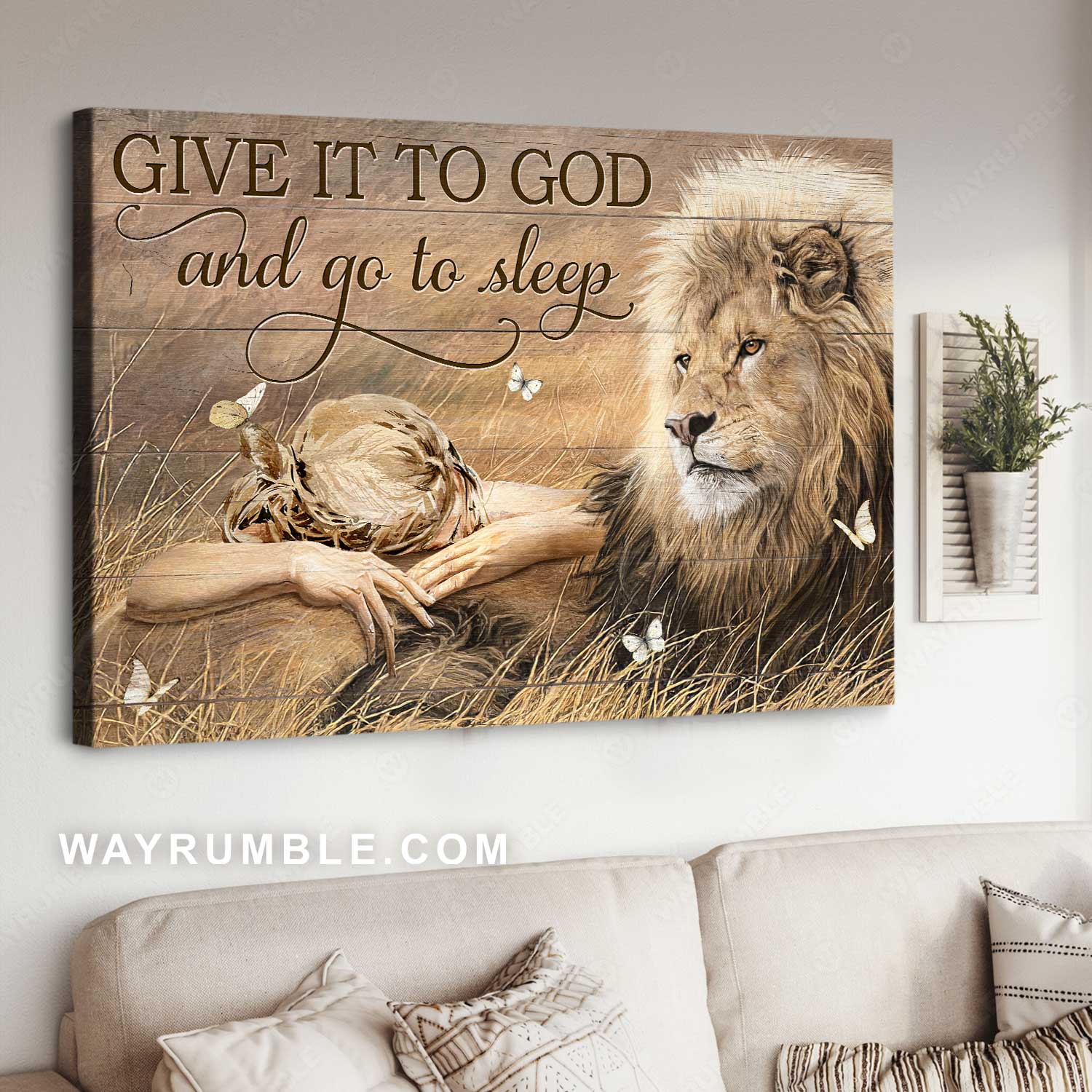 Sleeping girl, Lion of Judah, Rice field, Give it to God and go to sleep - Jesus Landscape Canvas Prints, Home Decor Wall Art