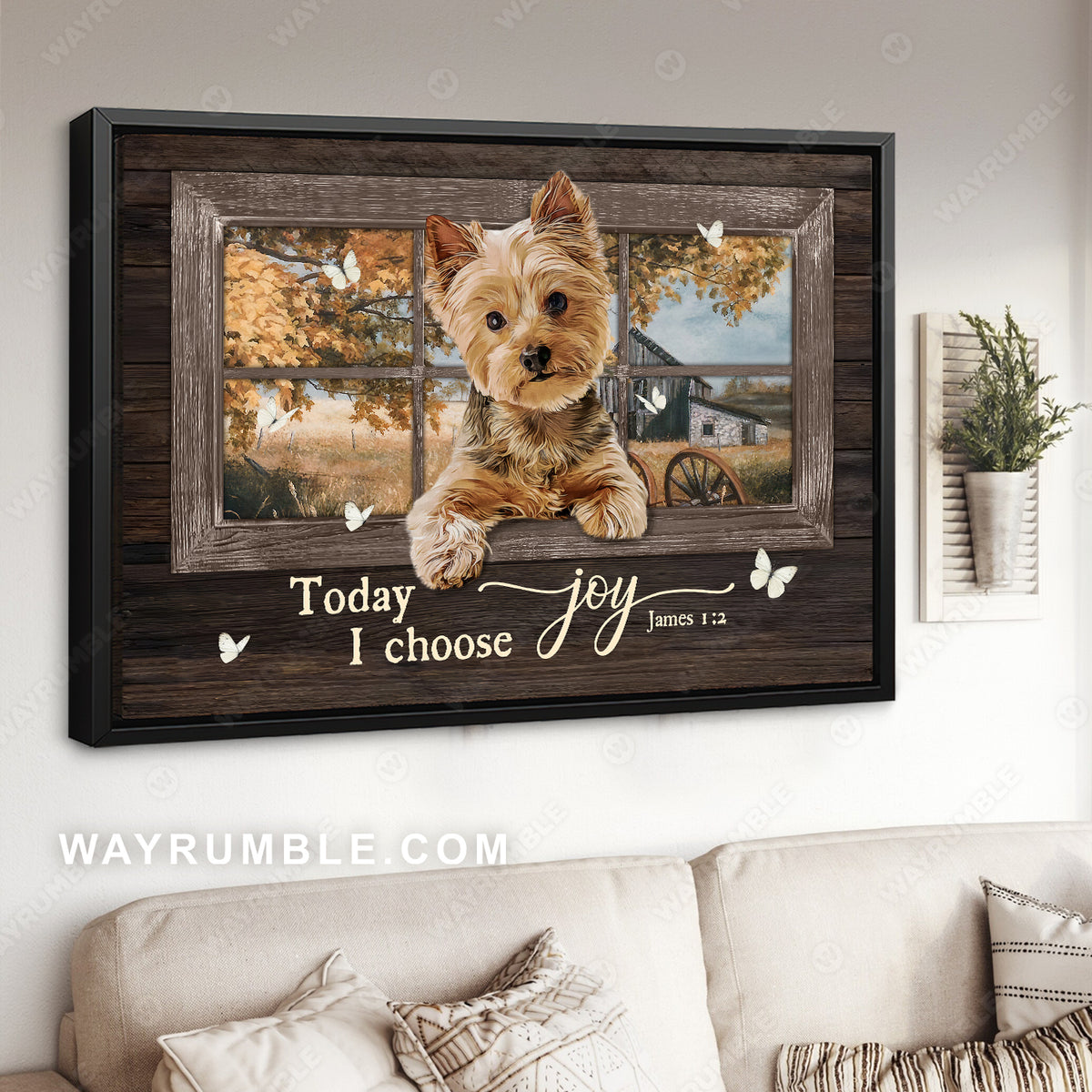 Cute Yorkshire Terrier, Autumn forest, Butterfly, Today I choose joy - Jesus Landscape Canvas Prints, Home Decor Wall Art