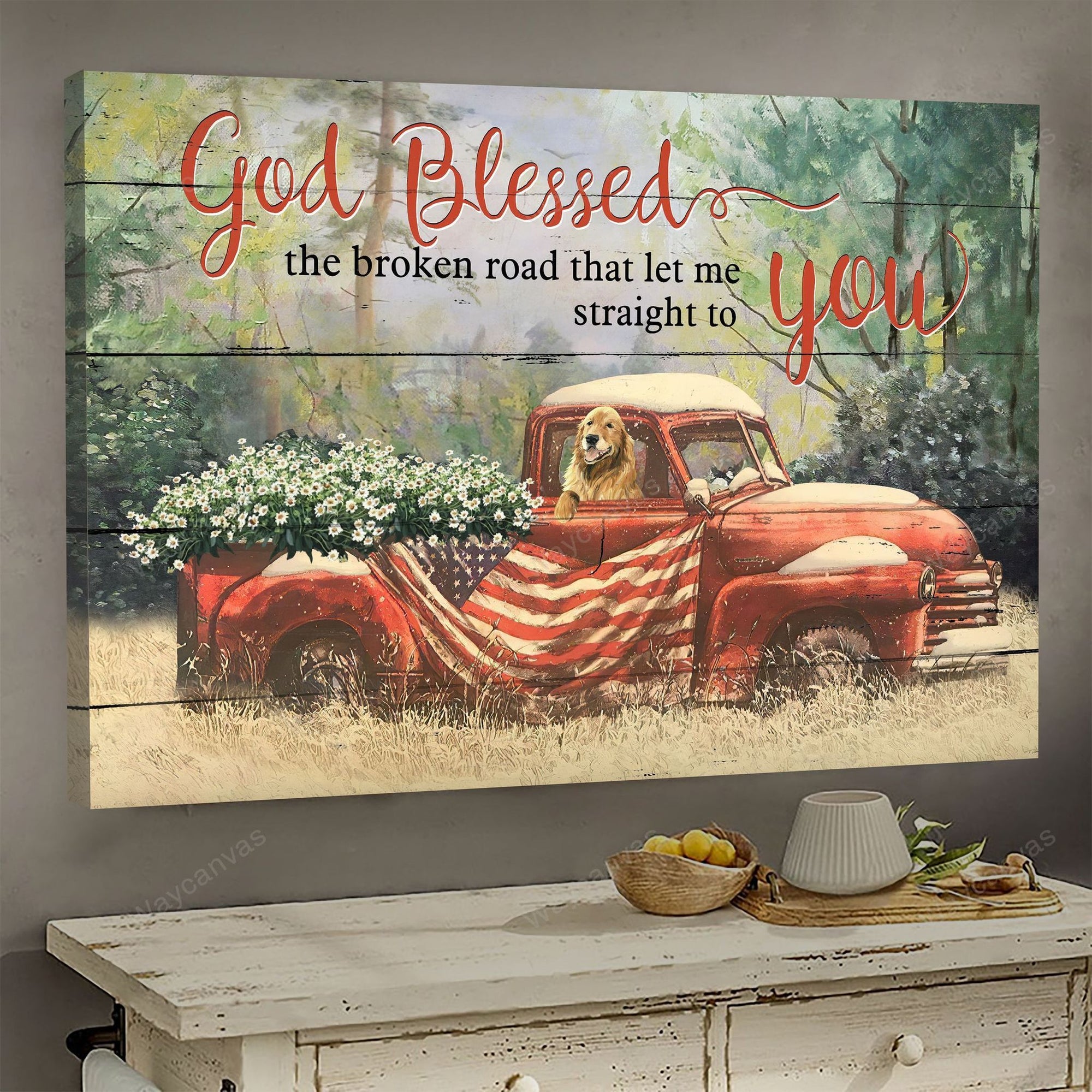 Daisy car, America flag, Golden Retriever, God blessed the broken road - Jesus Landscape Canvas Prints, Wall Art