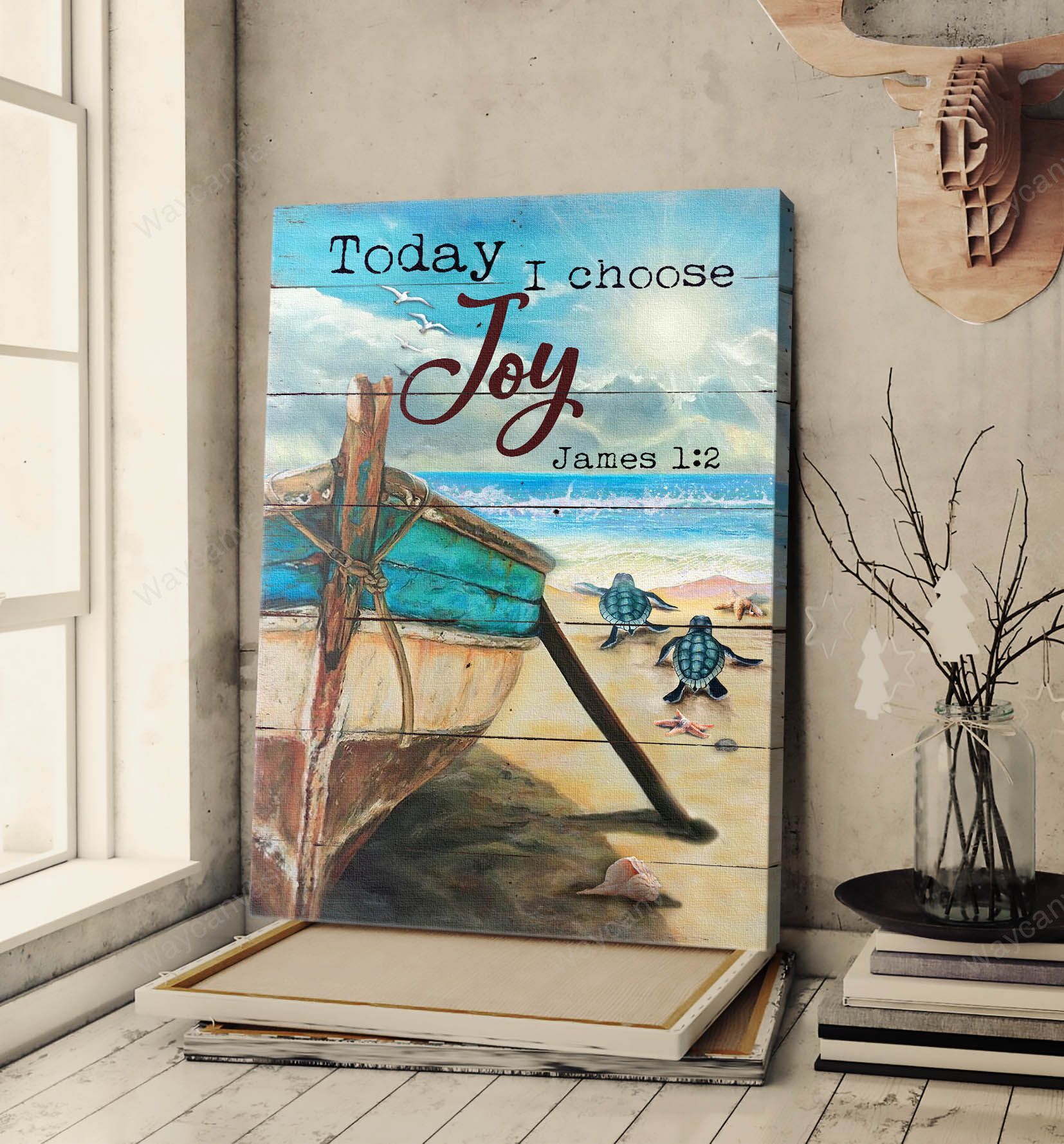 Turtle painting, Wooden boat, Blue ocean, Today I choose joy - Jesus Portrait Canvas Prints, Wall Art