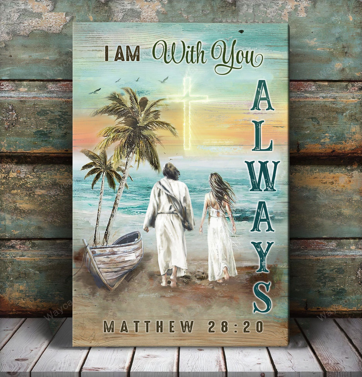 On the beach, Beautiful girl, I am with you always - Jesus Portrait Canvas Prints, Wall Art