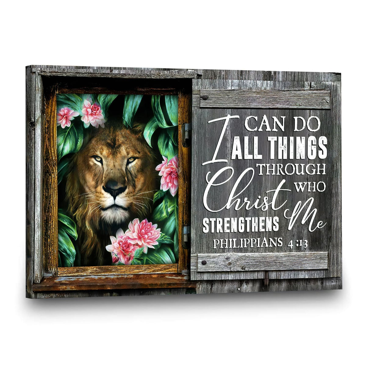 Great lion among flowers - I can do all things through Christ who strengthens me Jesus Landscape Canvas Prints, Wall Art