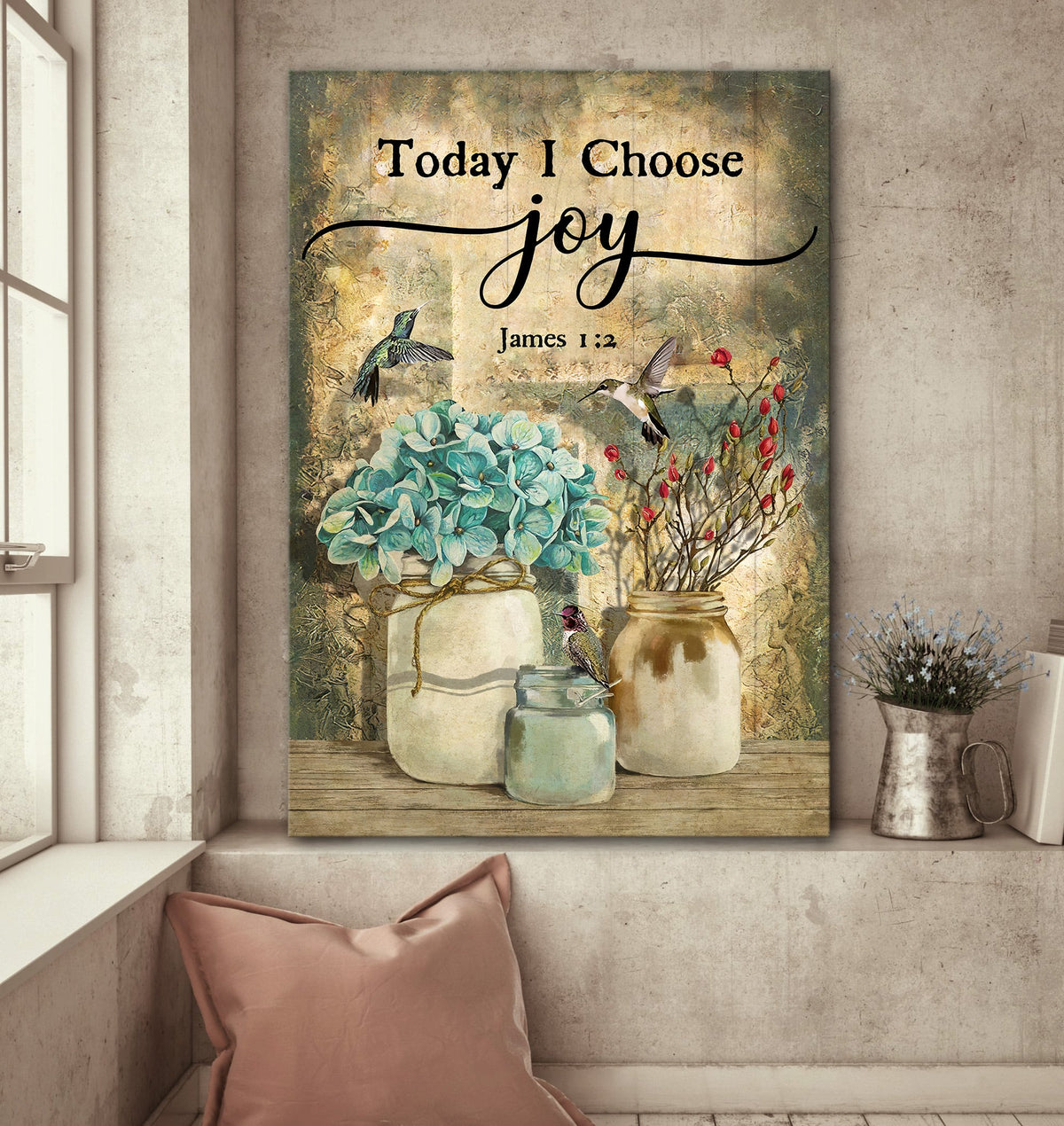 Hummingbird, Flower, Bible verse - Today I choose joy Jesus Portrait Canvas Prints, Wall Art