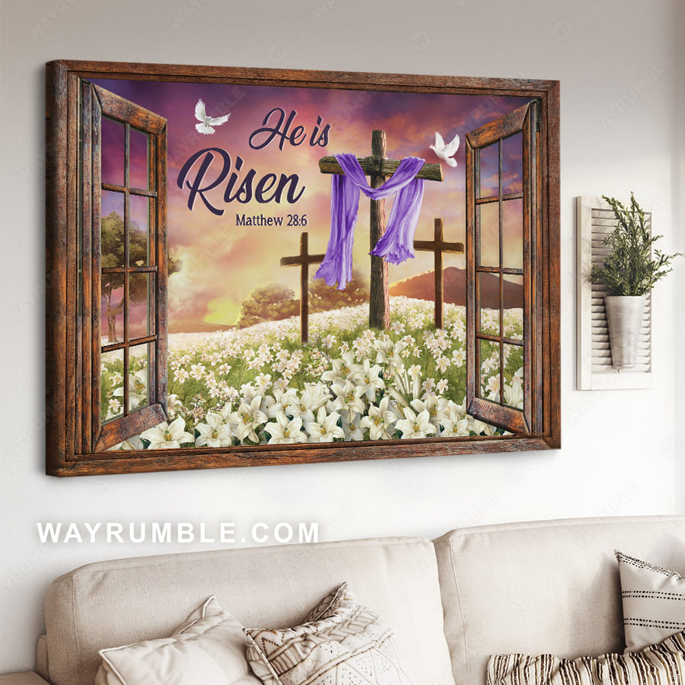 White lily flower, Beautiful cross, Sunset, He is risen - Jesus Landscape Canvas Prints, Christian Wall Art