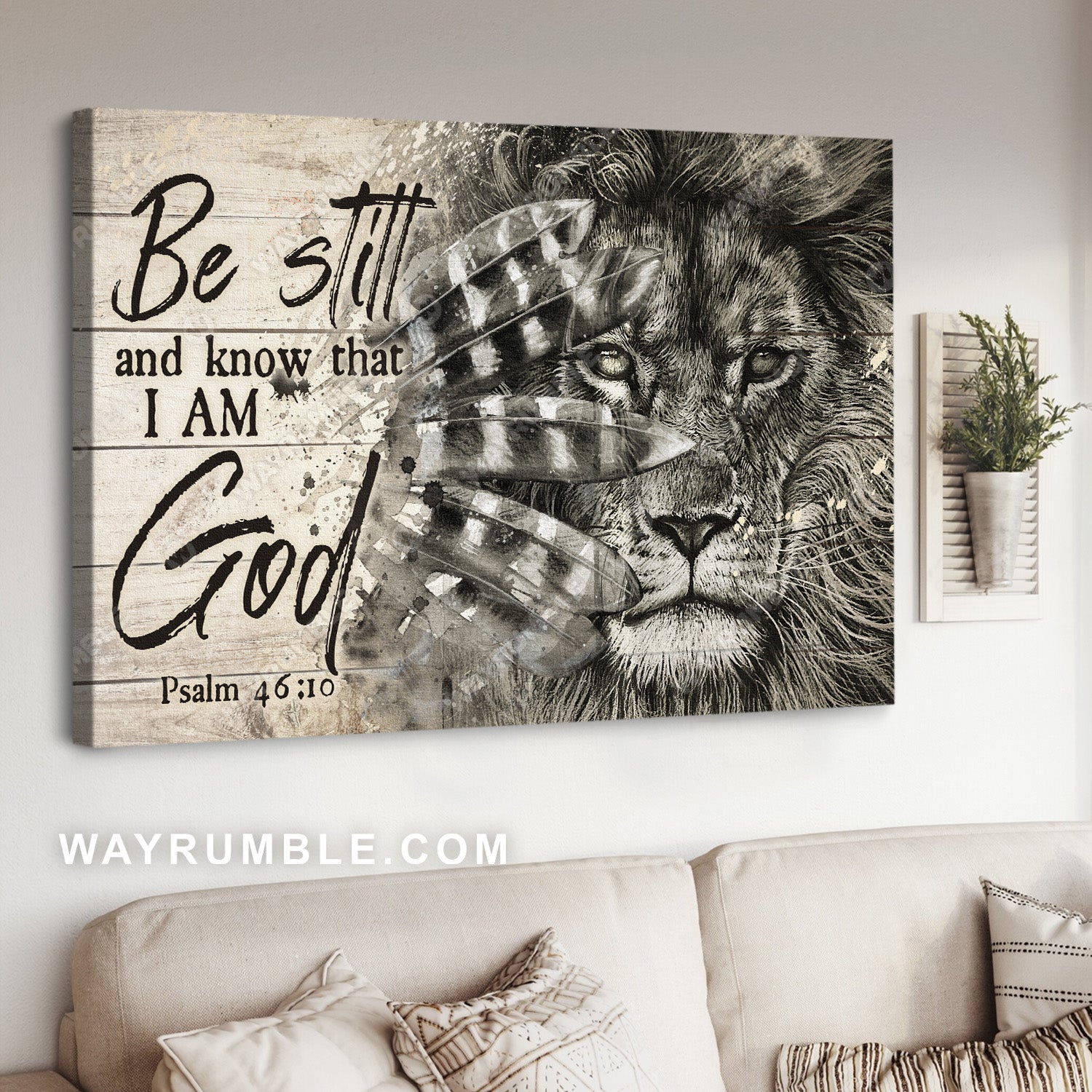 Lion of Judah, Lion head, Bird feather, Be still and know that I am God - Jesus Landscape Canvas Prints, Christian Wall Art