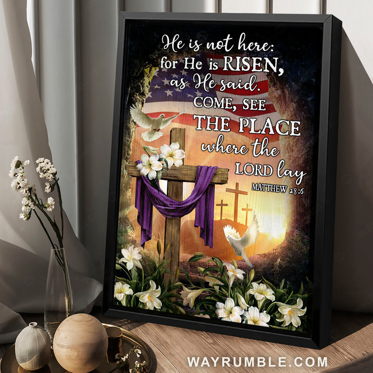 Cross symbol, US Flag, White dove, White lily, He is not here - Jesus Portrait Canvas Prints, Christian Wall Art