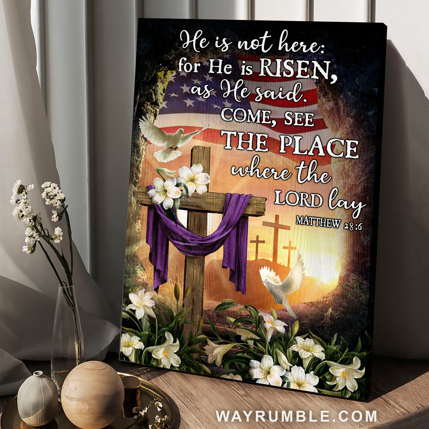 Cross symbol, US Flag, White dove, White lily, He is not here - Jesus Portrait Canvas Prints, Christian Wall Art