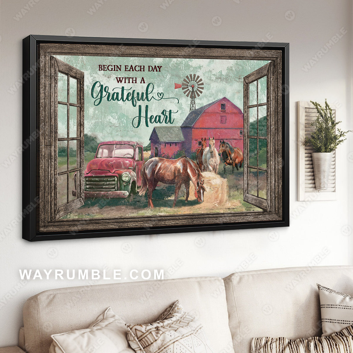 Dream horses, Red ladybug car, Beautiful house, Begin each day with a grateful heart - Jesus Landscape Canvas Prints, Christian Wall Art
