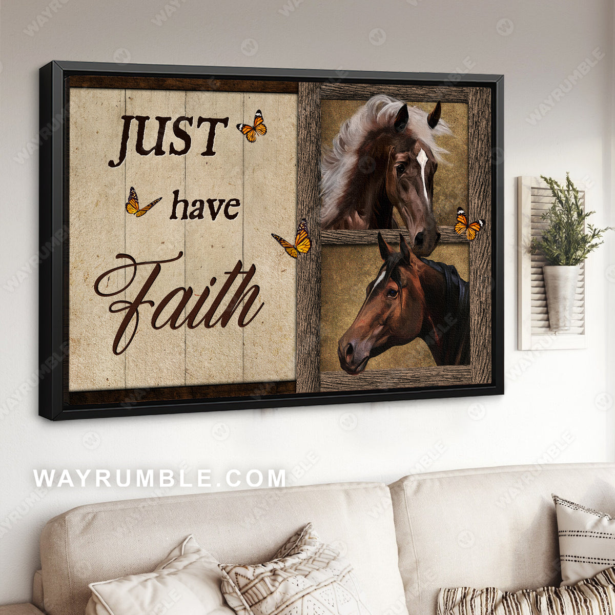 Beautiful horse, Orange butterfly, Wooden background, Just have faith - Jesus Landscape Canvas Prints, Christian Wall Art