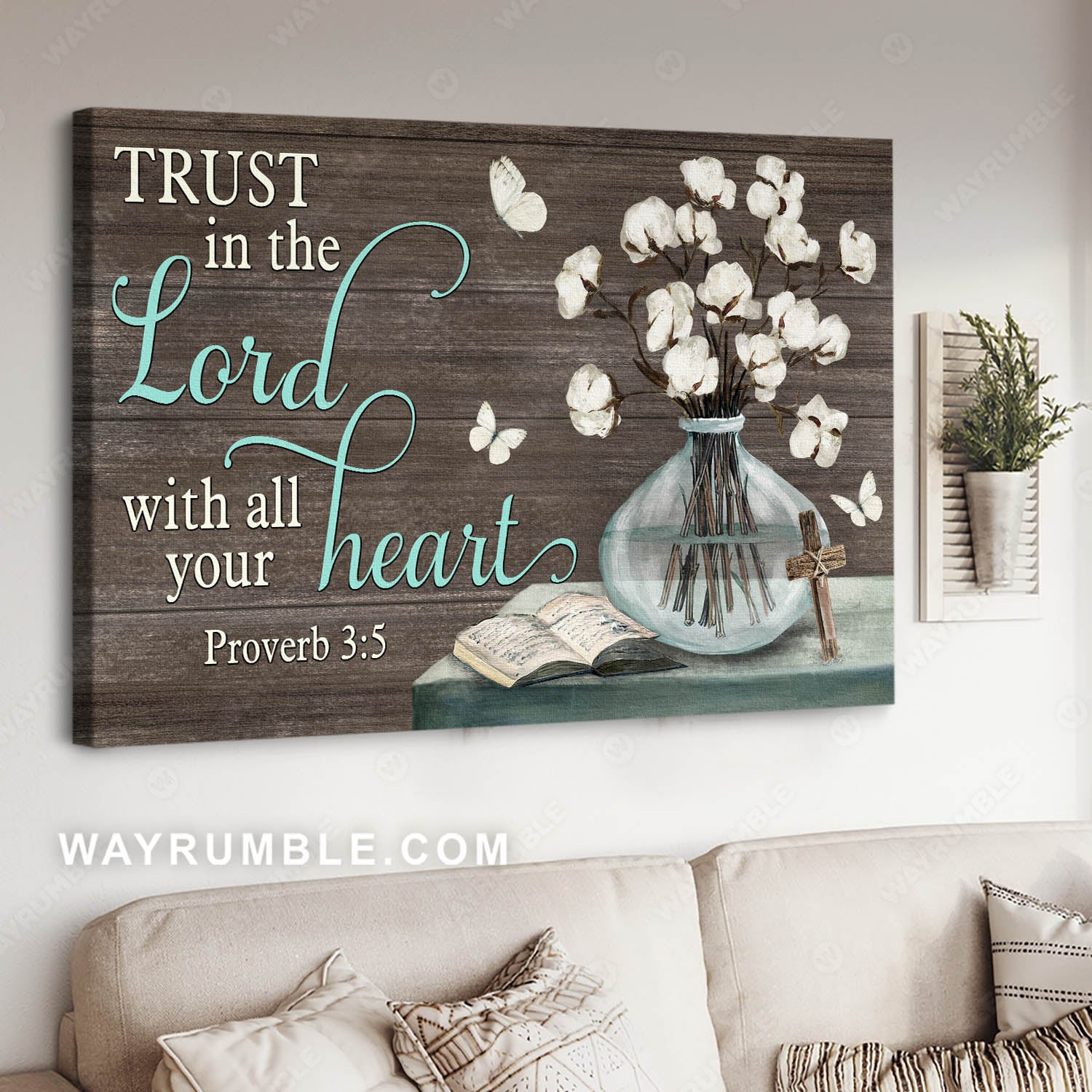Cotton flower, The bible and the cross, Trust in the Lord with all your heart - Jesus Landscape Canvas Prints, Christian Wall Art