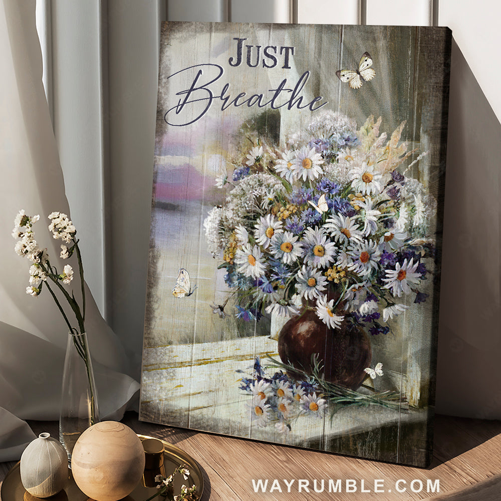 Vintage painting, Daisy vase, White butterfly, Just breathe - Jesus Portrait Canvas Prints, Christian Wall Art