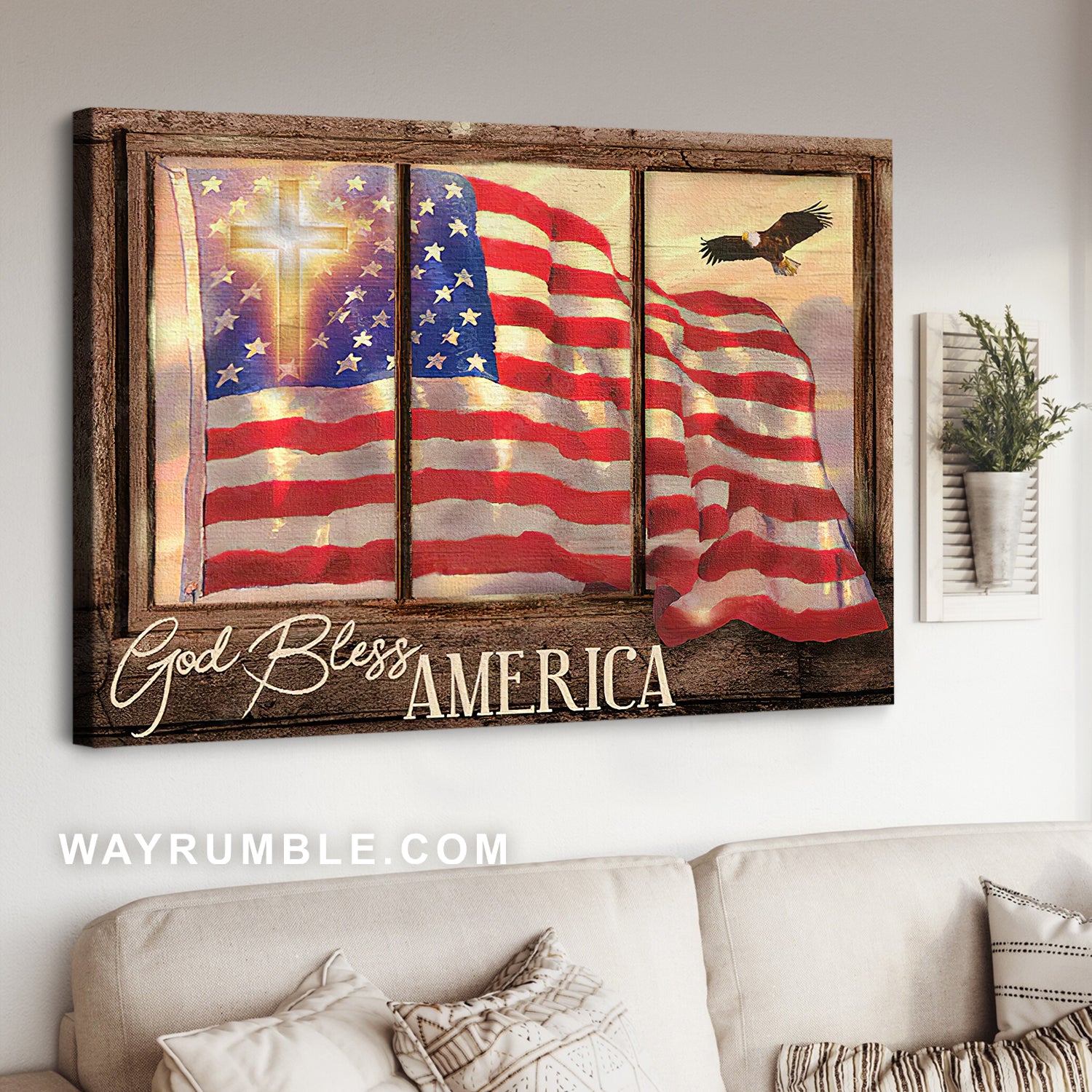 Beautiful US flag, Cross symbol, Vintage window, God bless America - Jesus Landscape Canvas Prints, Christian Wall Art