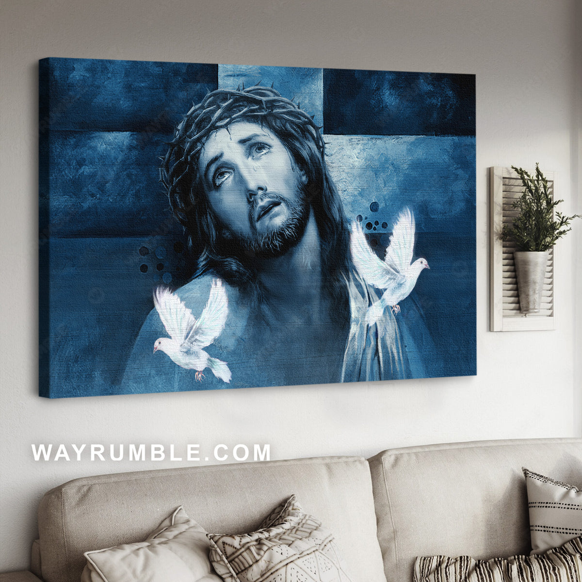 Stunning blue painting, Jesus drawing, Pretty dove, Crown of thorn - Jesus Landscape Canvas Prints, Home Decor Wall Art