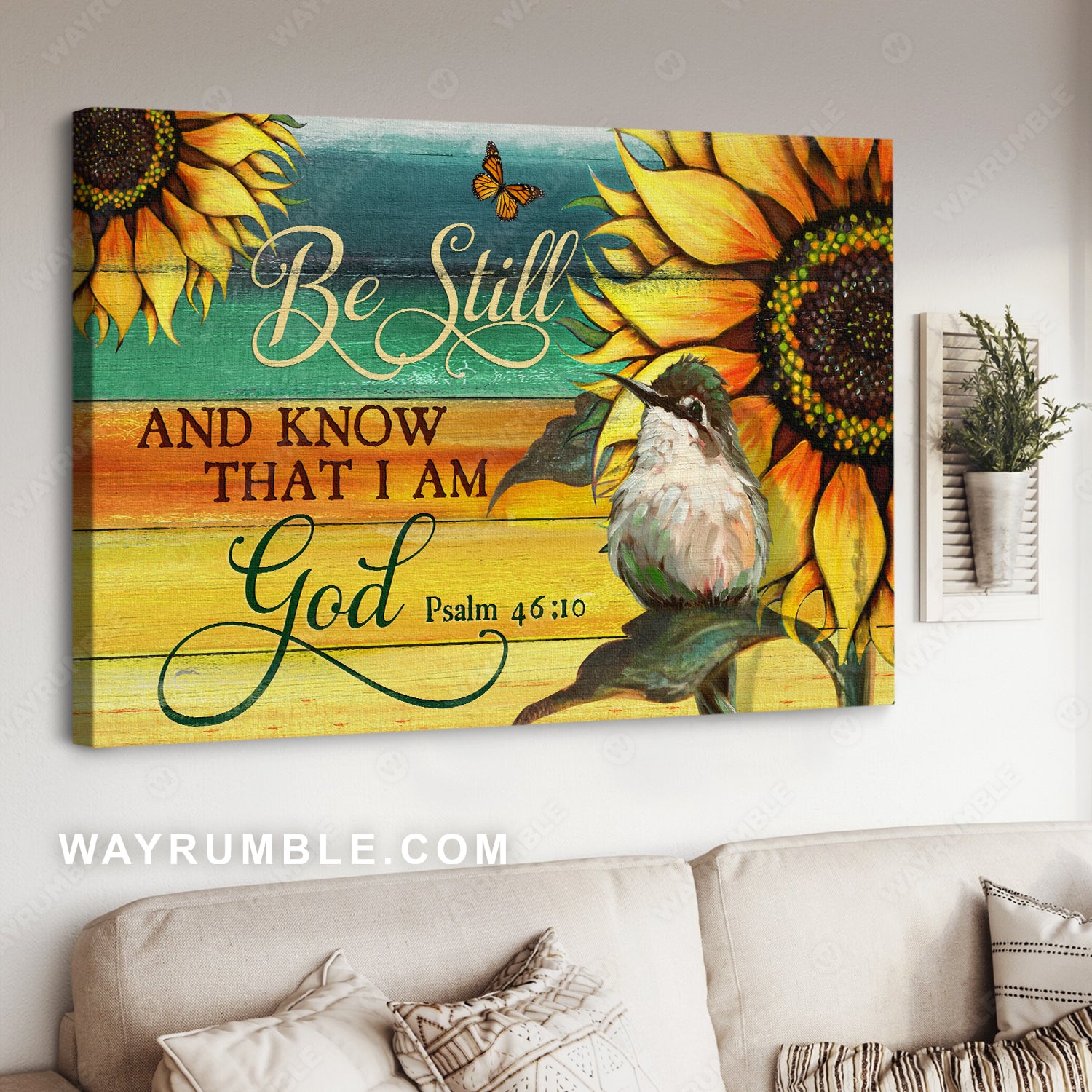 Baby hummingbird, Giant sunflower, Be still I am God - Jesus Landscape Canvas Prints, Christian Wall Art