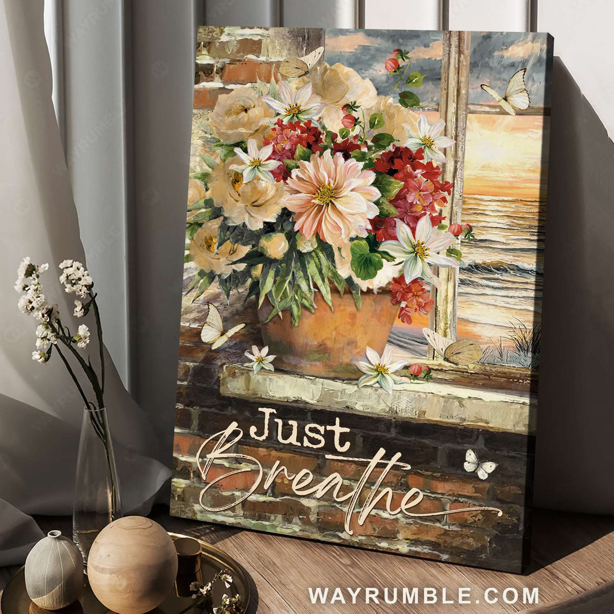 Beautiful flowers, White peony, Ocean view, Just breathe - Jesus Portrait Canvas Prints, Christian Wall Art