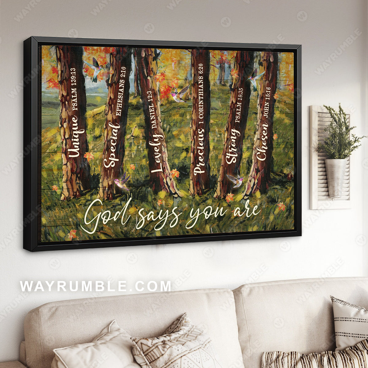 Green forest, Oldest tree, Colorful hummingbird, God says you are unique - Jesus Landscape Canvas Prints, Christian Wall Art