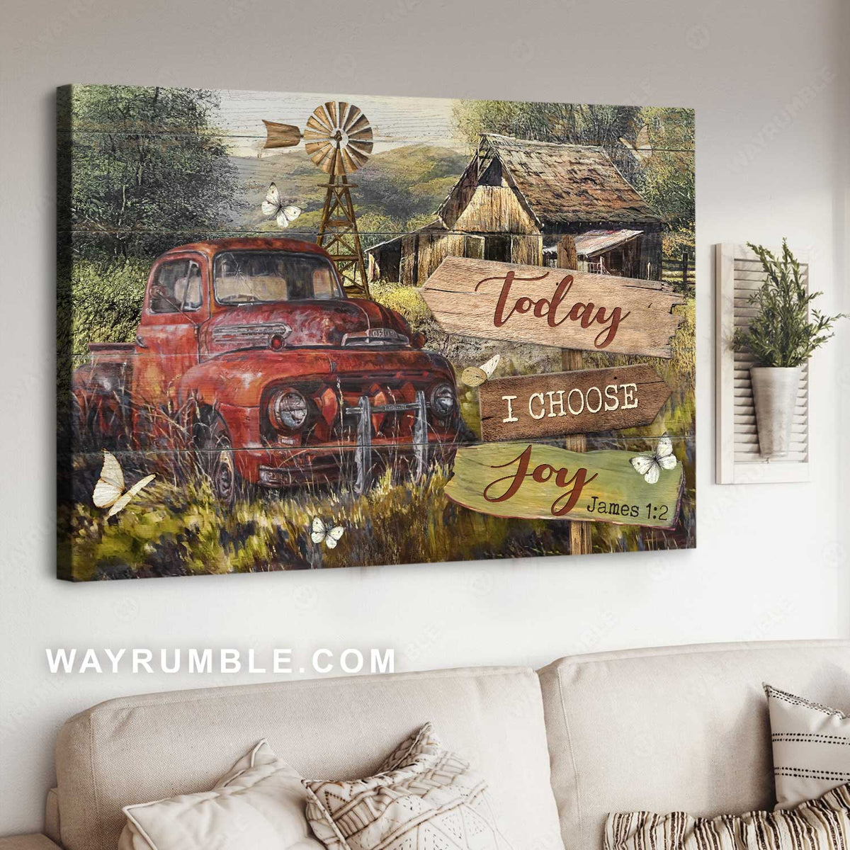 Watercolor ladybug car, Old barn, Windmill, Today I choose joy - Jesus Landscape Canvas Prints, Christian Wall Art