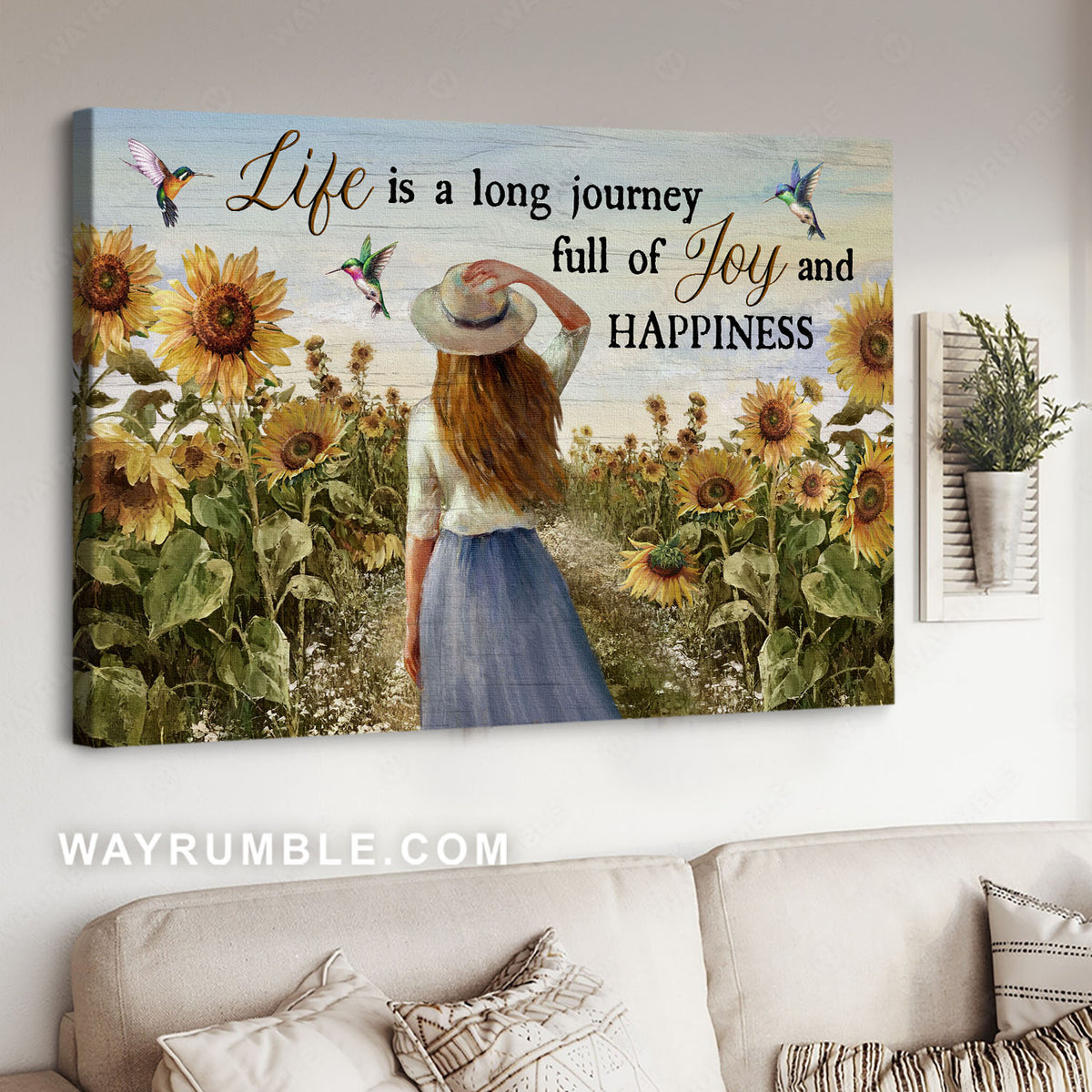 Beautiful girl, Sunflower field, Colorful hummingbirds, Life is a long journey - Jesus Landscape Canvas Prints, Christian Wall Art