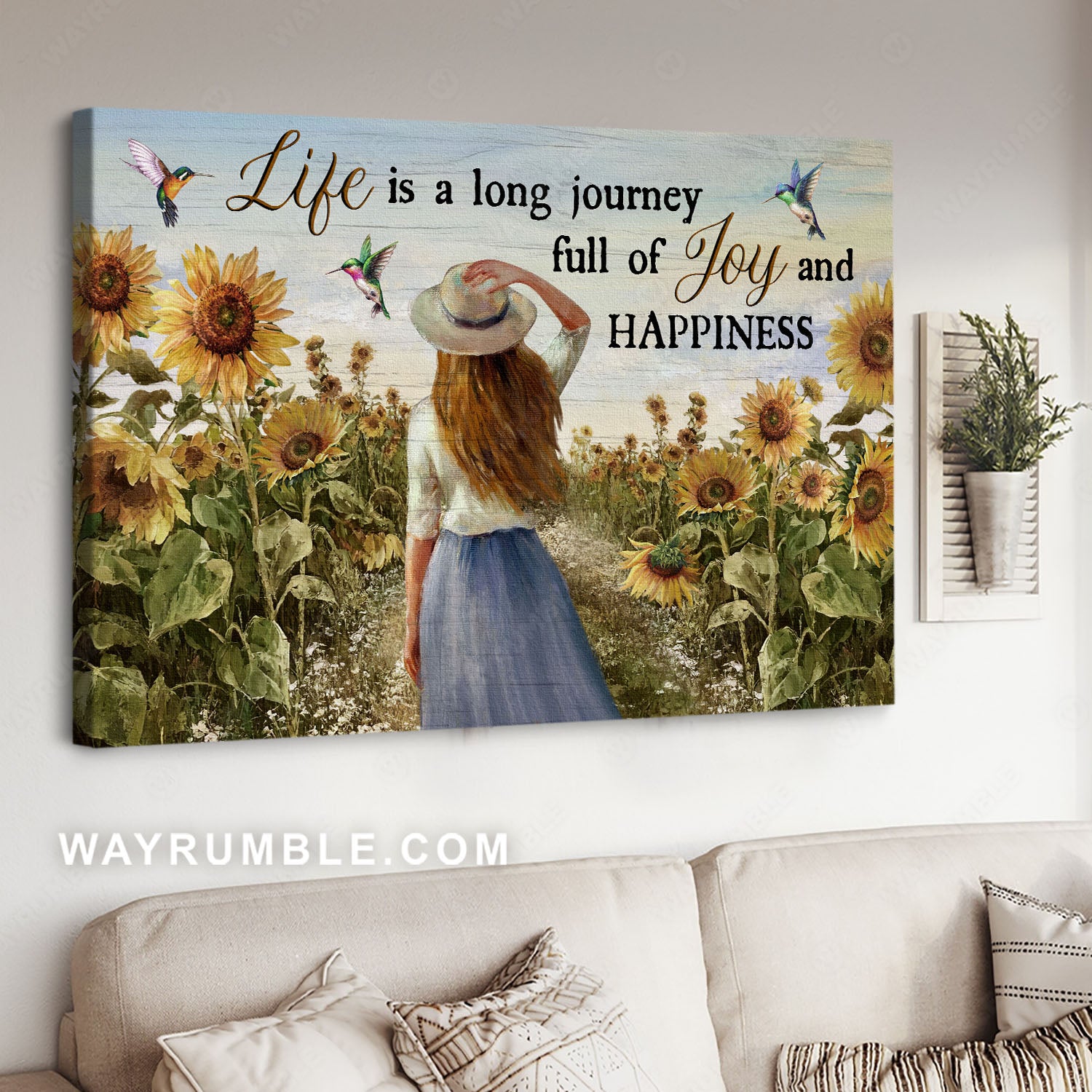 Beautiful girl, Sunflower field, Colorful hummingbirds, Life is a long journey - Jesus Landscape Canvas Prints, Christian Wall Art
