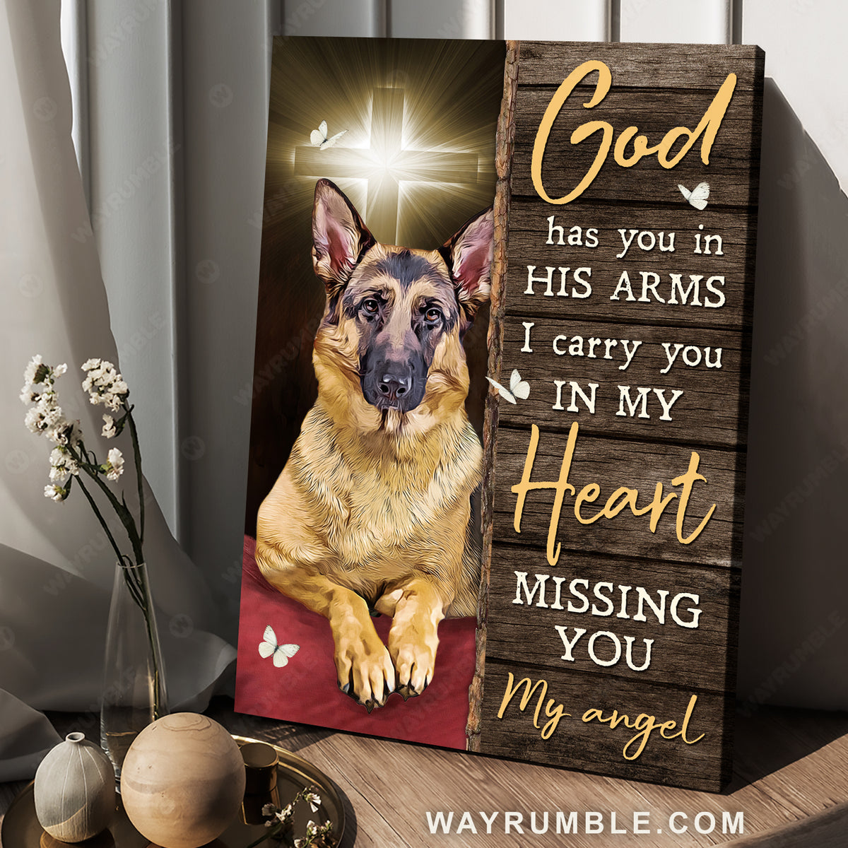 German Shepherd dog, Light cross, White butterfly, God has you in his arms - Jesus Portrait Canvas Prints, Christian Wall Art