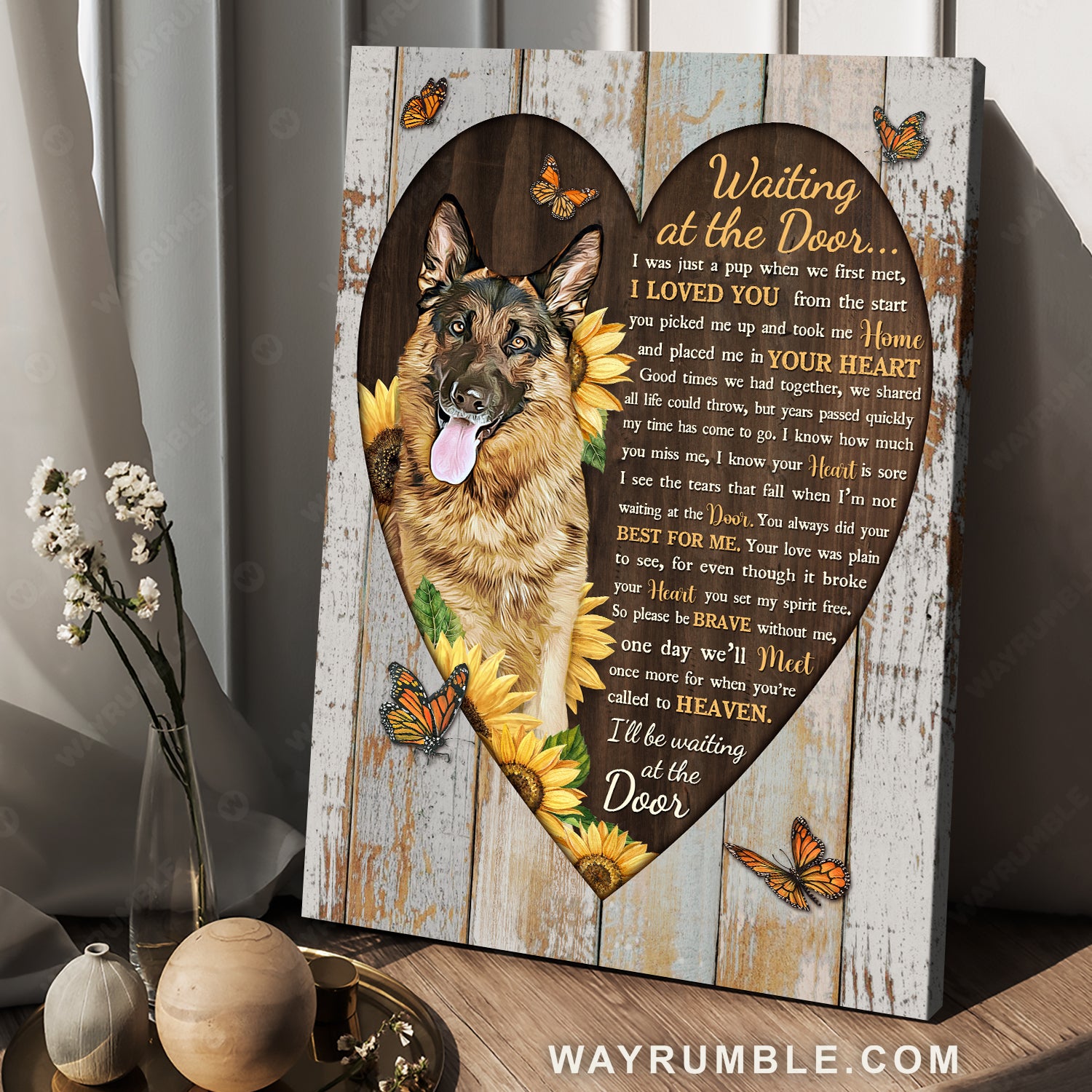 Heart frame, Lovely German Shepherd, Sunflower, Waiting at the door - Jesus Portrait Canvas Prints, Home Decor Wall Art