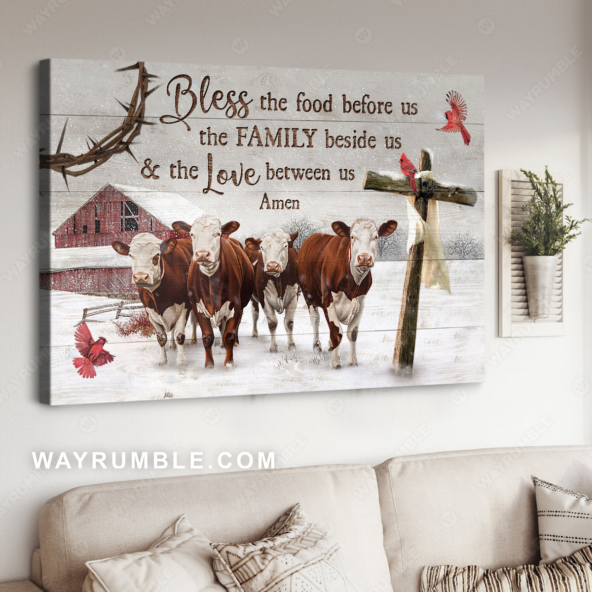 Stunning cow farm, Wooden cross, Winter drawing, Bless the food before us - Jesus Landscape Canvas Prints, Home Decor Wall Art