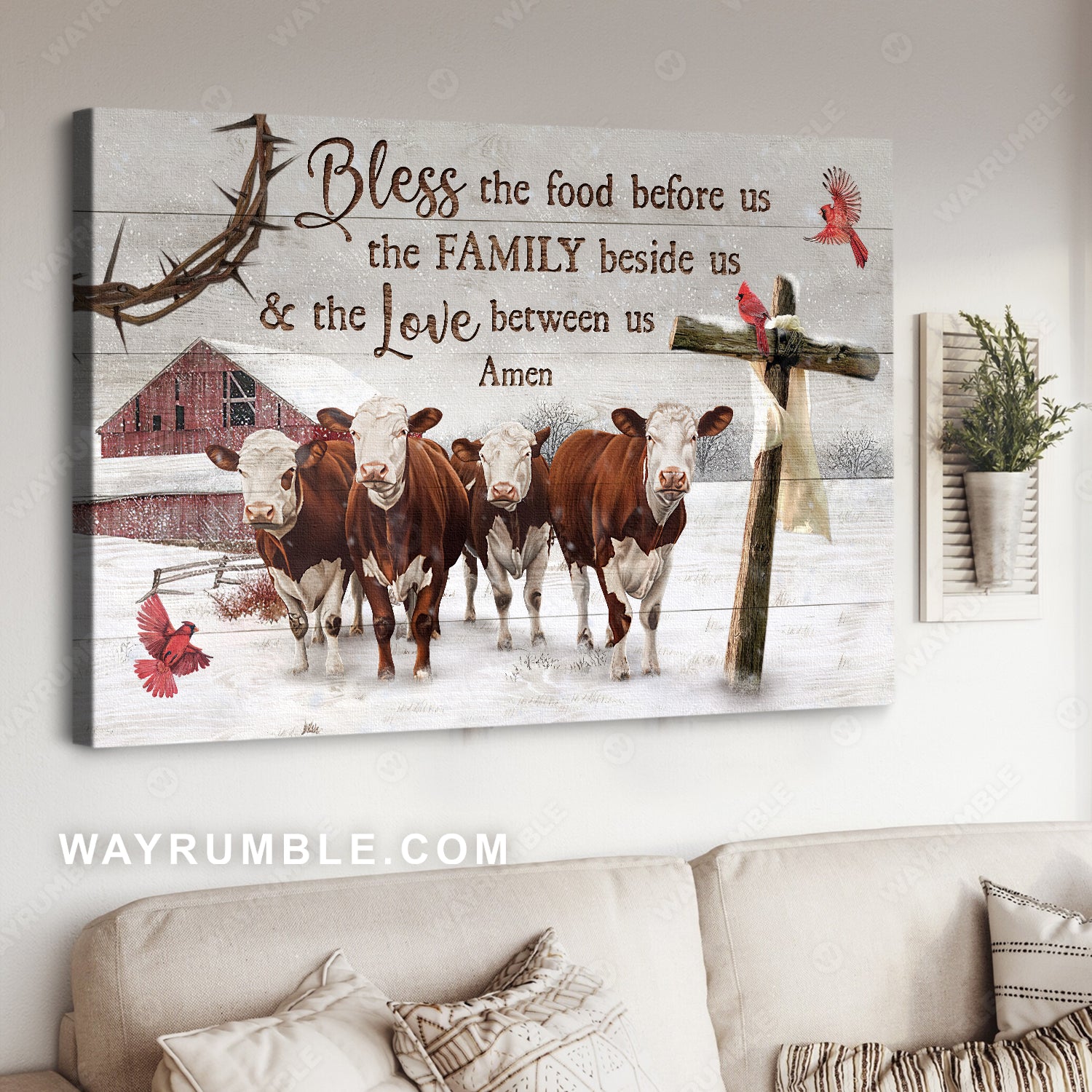 Stunning cow farm, Wooden cross, Winter drawing, Bless the food before us - Jesus Landscape Canvas Prints, Home Decor Wall Art