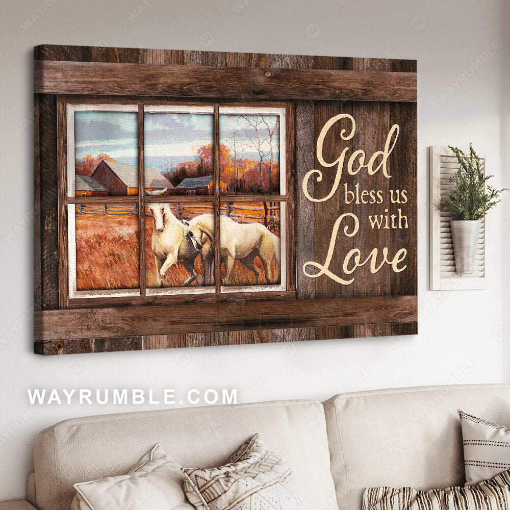 White horses, Autumn forest, Beautiful window, God bless us with love - Jesus Landscape Canvas Prints, Christian Wall Art