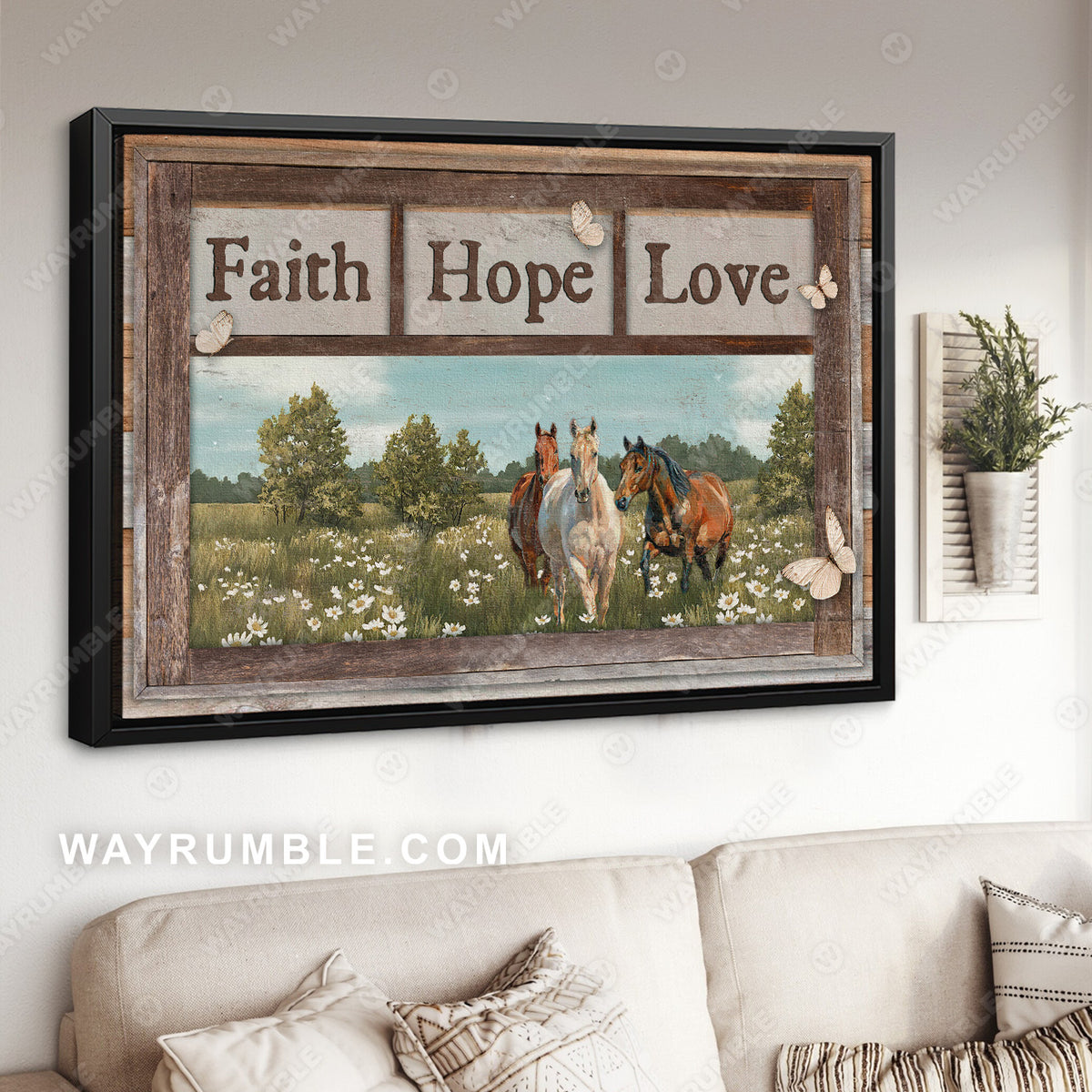 Pretty daisy field, Green meadow, Running horse, Faith, Hope, Love - Jesus Landscape Canvas Prints, Christian Wall Art