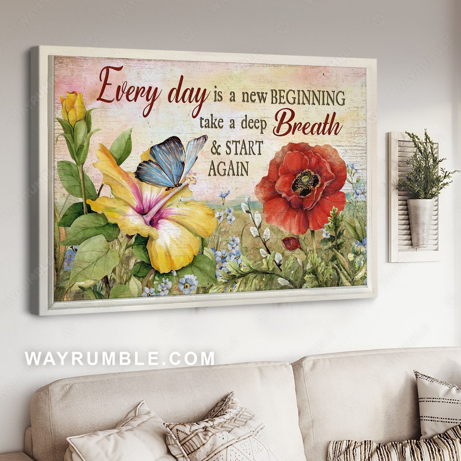 Beautiful poppy, Yellow flower, Blue butterfly, Every day is a new beginning - Jesus Landscape Canvas Prints, Home Decor Wall Art