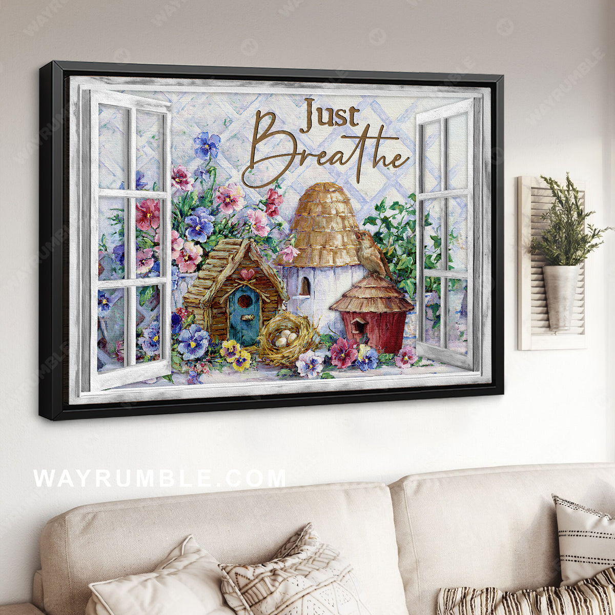 Little house, Pretty flower garden, White window, Just breathe - Jesus Landscape Canvas Prints, Christian Wall Art