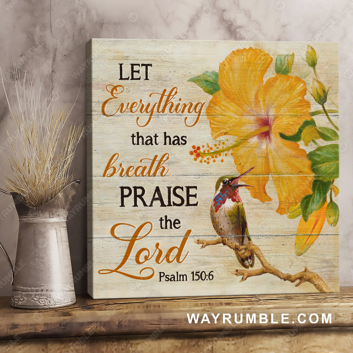 Yellow hibiscus flower, Colorful hummingbird, Let everything that has breath - Jesus Square Canvas Prints, Christian Wall Art