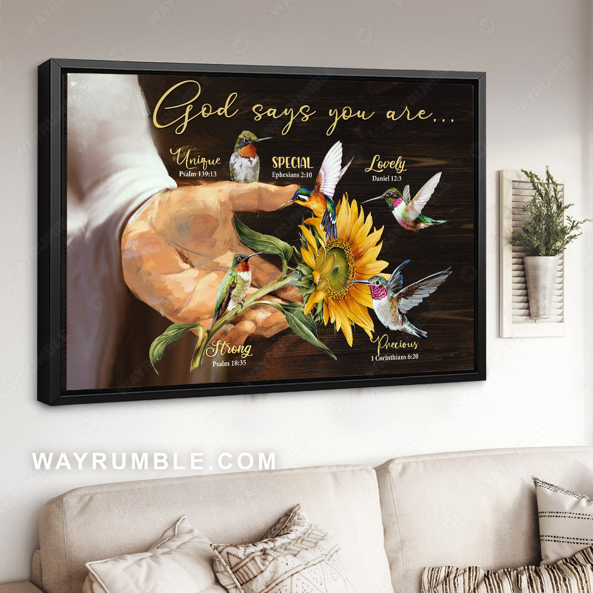 The hand of God, Sunflower and hummingbird, God says you are - Jesus Landscape Canvas Prints, Christian Wall Art