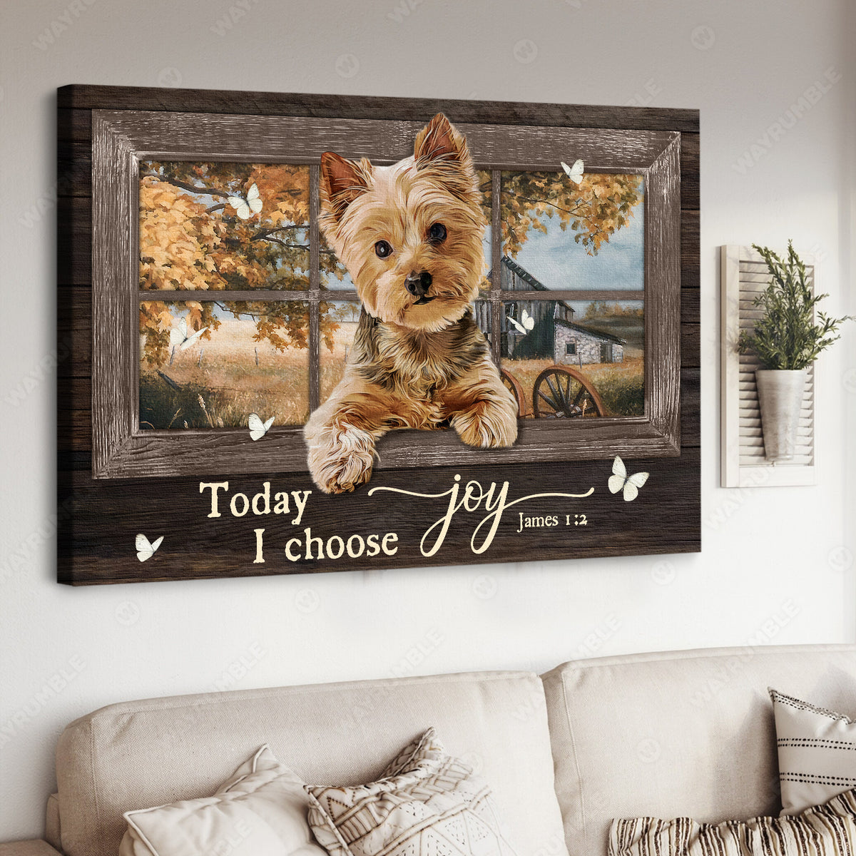 Cute Yorkshire Terrier, Autumn forest, Butterfly, Today I choose joy - Jesus Landscape Canvas Prints, Home Decor Wall Art
