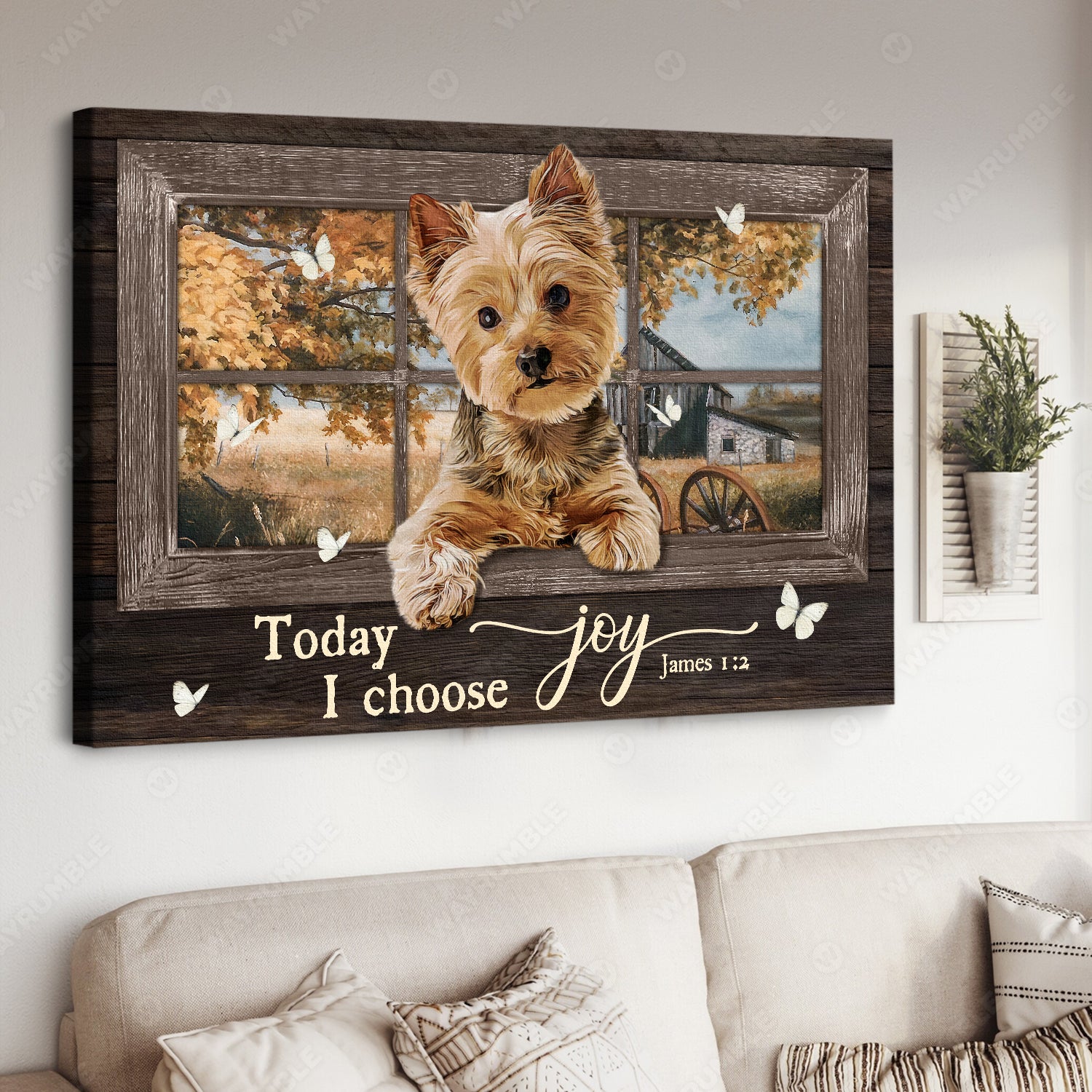 Cute Yorkshire Terrier, Autumn forest, Butterfly, Today I choose joy - Jesus Landscape Canvas Prints, Home Decor Wall Art