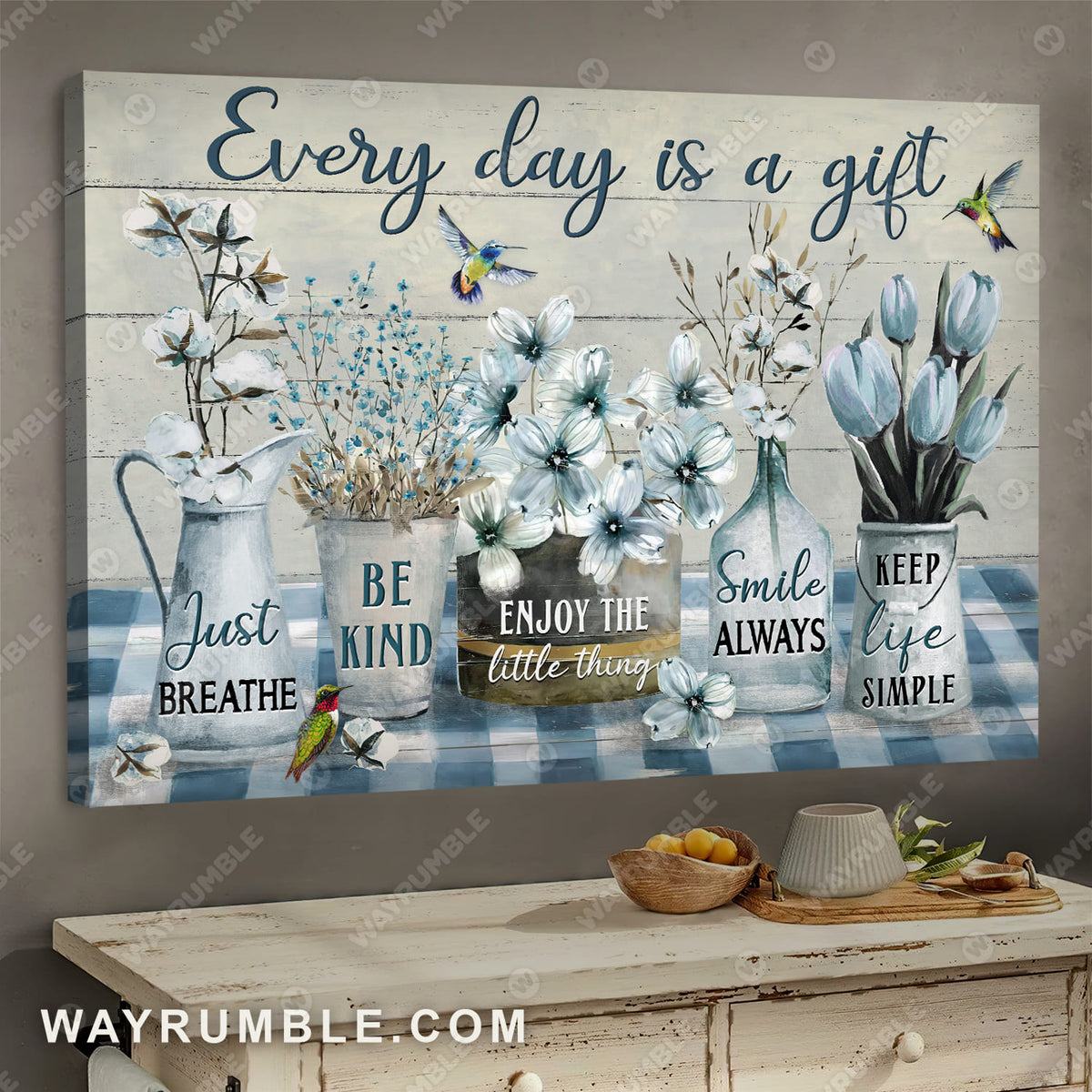 White cotton flower, Blue tulip, Colorful hummingbird, Every day is a gift - Jesus Landscape Canvas Prints, Wall Art