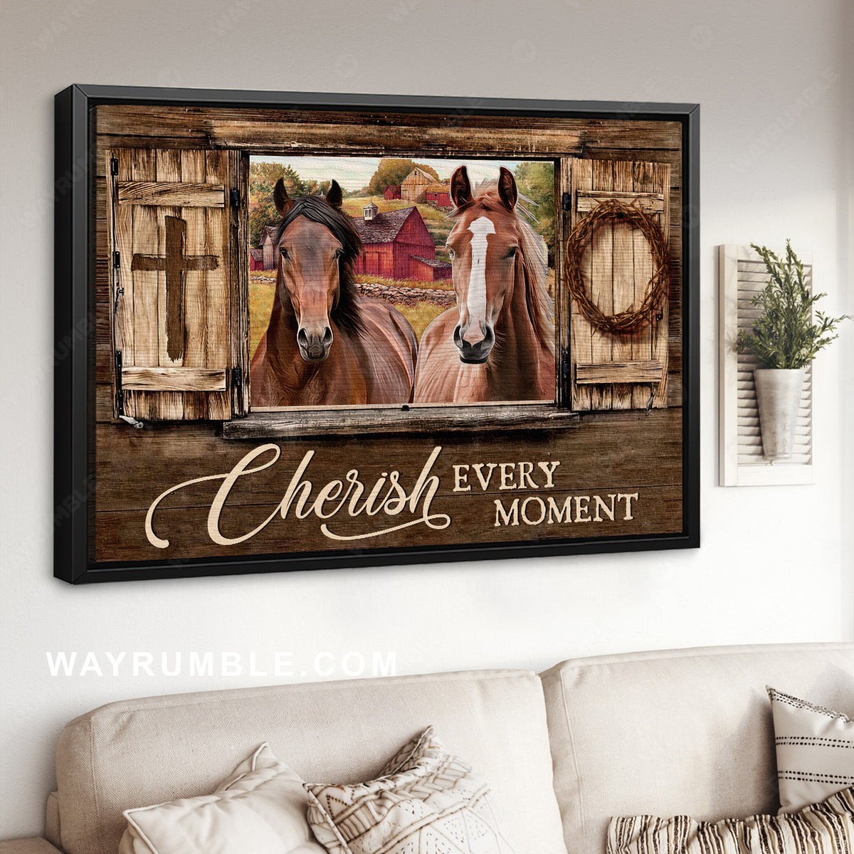 Wooden house, Quarter horses, Crown of thorn, Cherish every moment - Jesus Landscape Canvas Prints, Home Decor Wall Art