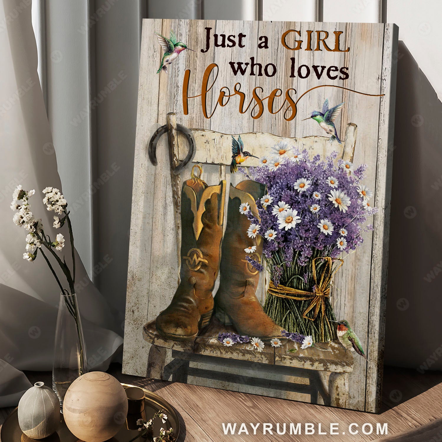 Horse riding boots, Daisy flower, Hummingbird, Just a girl who loves horses - Jesus Portrait Canvas Prints, Christian Wall Art