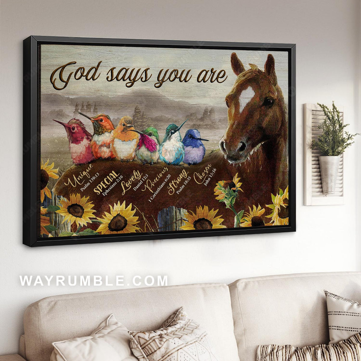 Quarter horse, Colorful hummingbird, Sunflower field, God says you are - Jesus Landscape Canvas Prints, Christian Wall Art