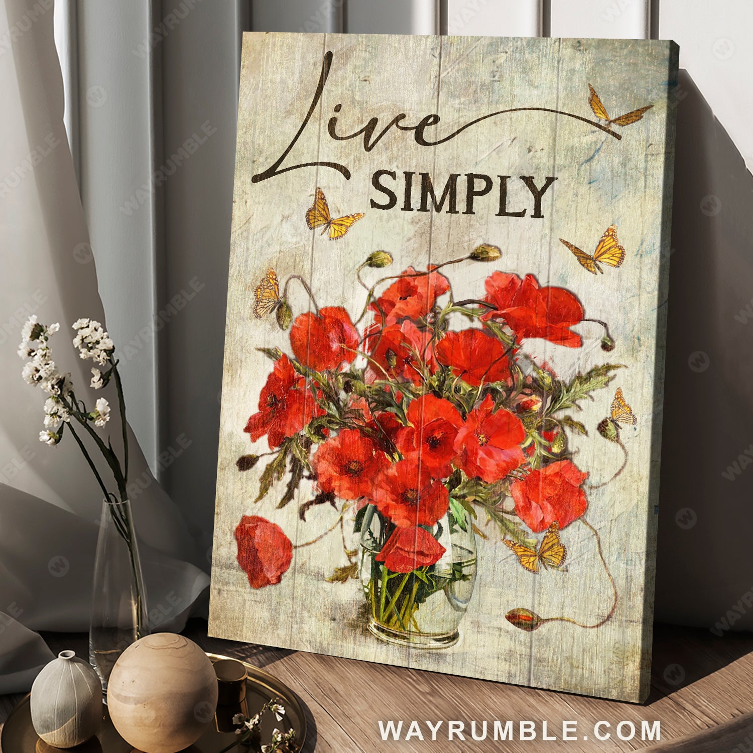 Still life, Poppy flower, Yellow butterfly, Live simply - Jesus Portrait Canvas Prints, Christian Wall Art