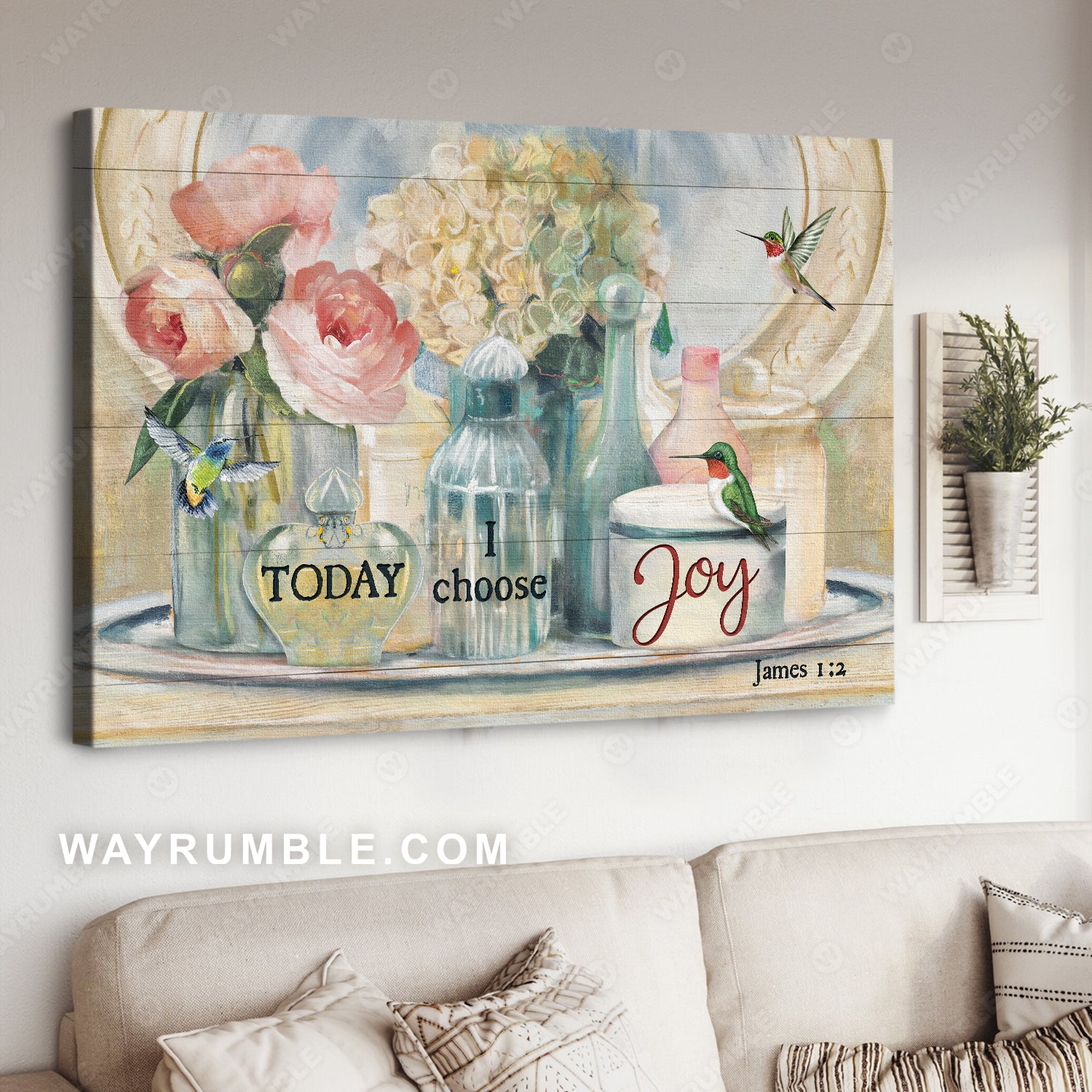 Pastel rose, White hydrangea, Little hummingbird, Today I choose joy - Jesus Landscape Canvas Prints, Home Decor Wall Art