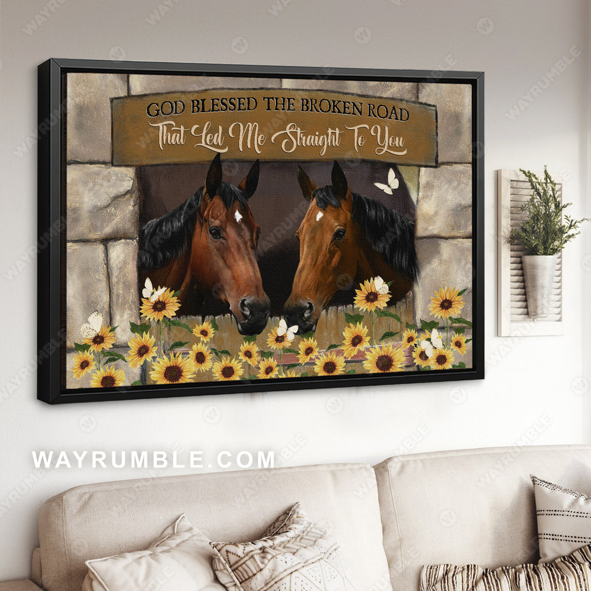 Brown horse, Sunflower painting, Rock wall, God blessed the broken road - Jesus Landscape Canvas Prints, Christian Wall Art