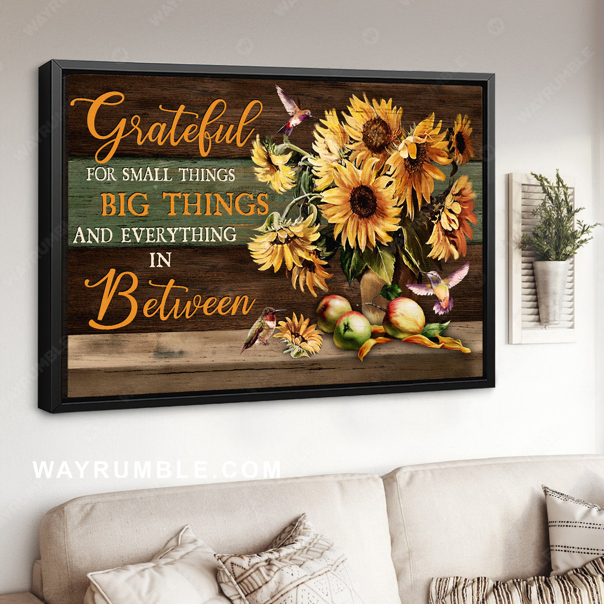 Still life painting, Sunflower vase, Lovely hummingbird, Grateful for small things - Jesus Landscape Canvas Prints, Home Decor Wall Art