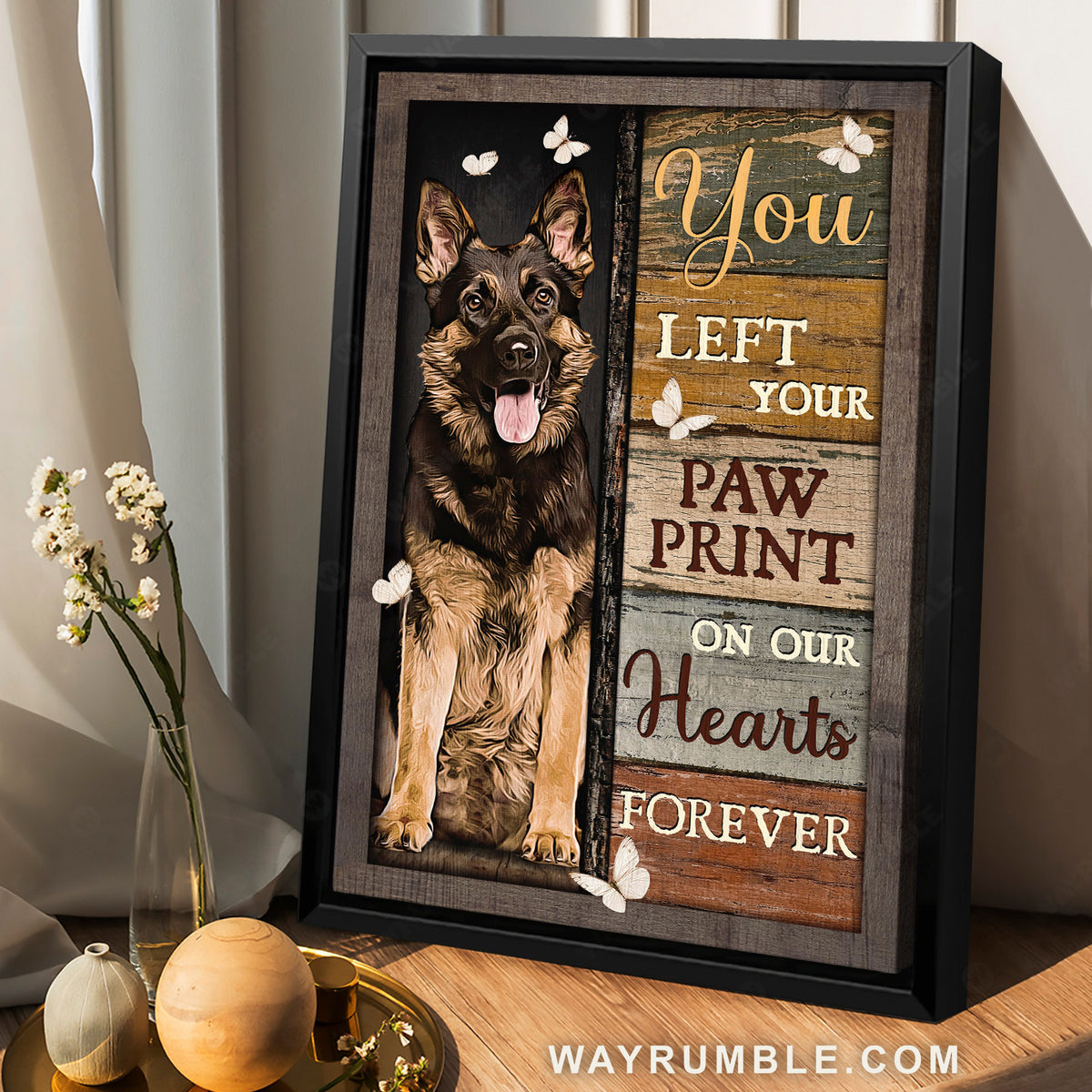 Cute German Shepherd, White butterfly, You left your paw print on our hearts - Jesus Portrait Canvas Prints, Christian Wall Art