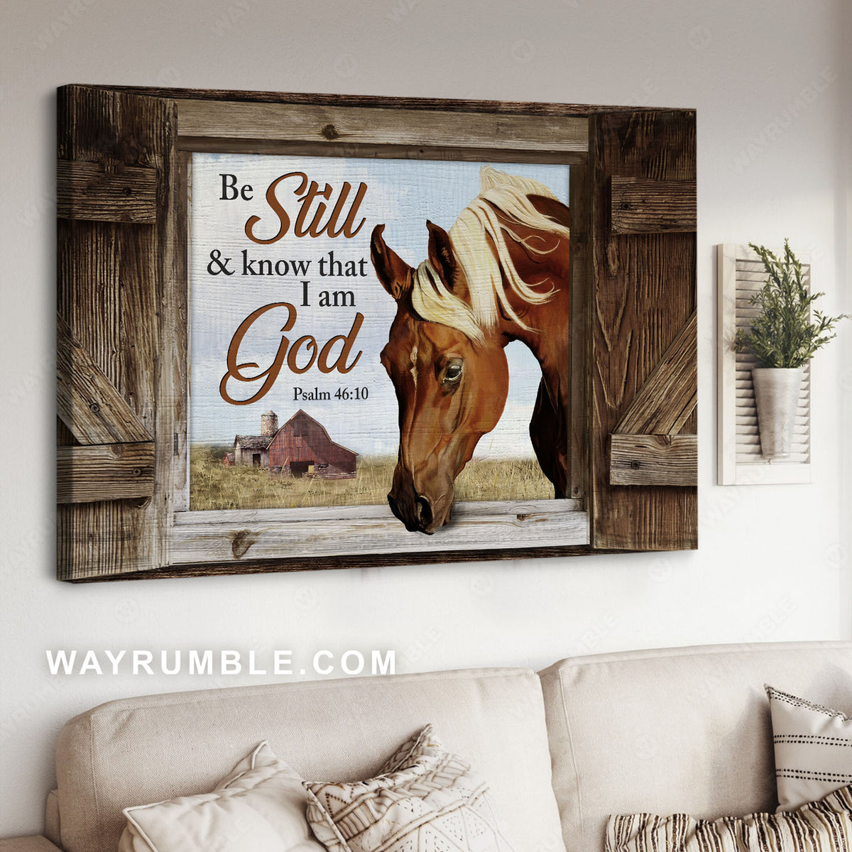 Brown horse, Horse face, Farm house, Be still I am God - Jesus Landscape Canvas Prints, Christian Wall Art