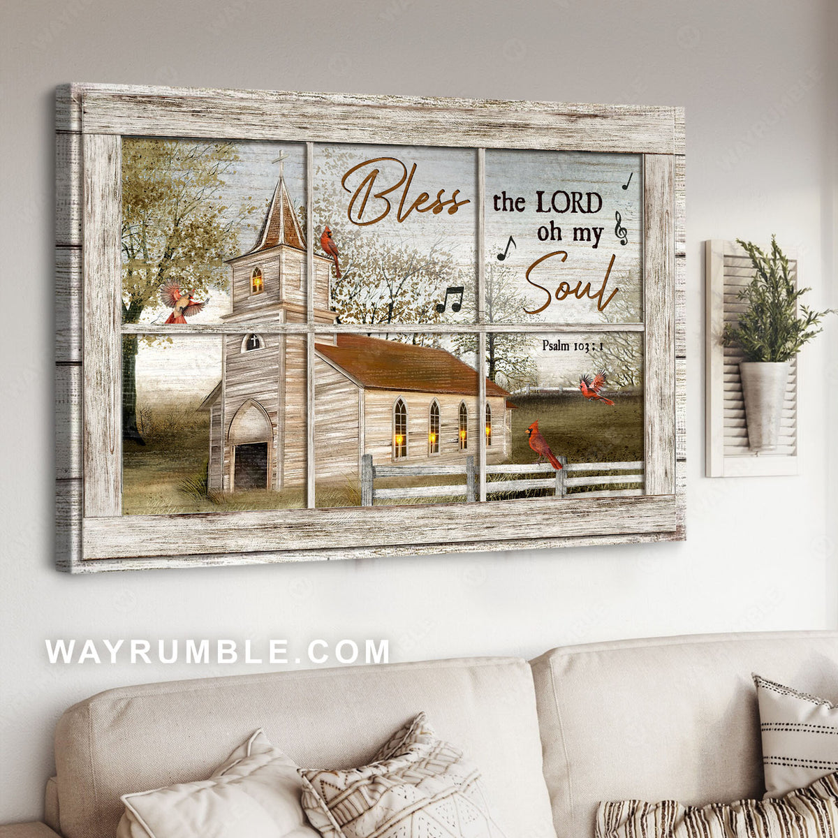 Beautiful church, Red cardinals, Green trees, Bless the lord - Jesus Landscape Canvas Prints, Christian Wall Art