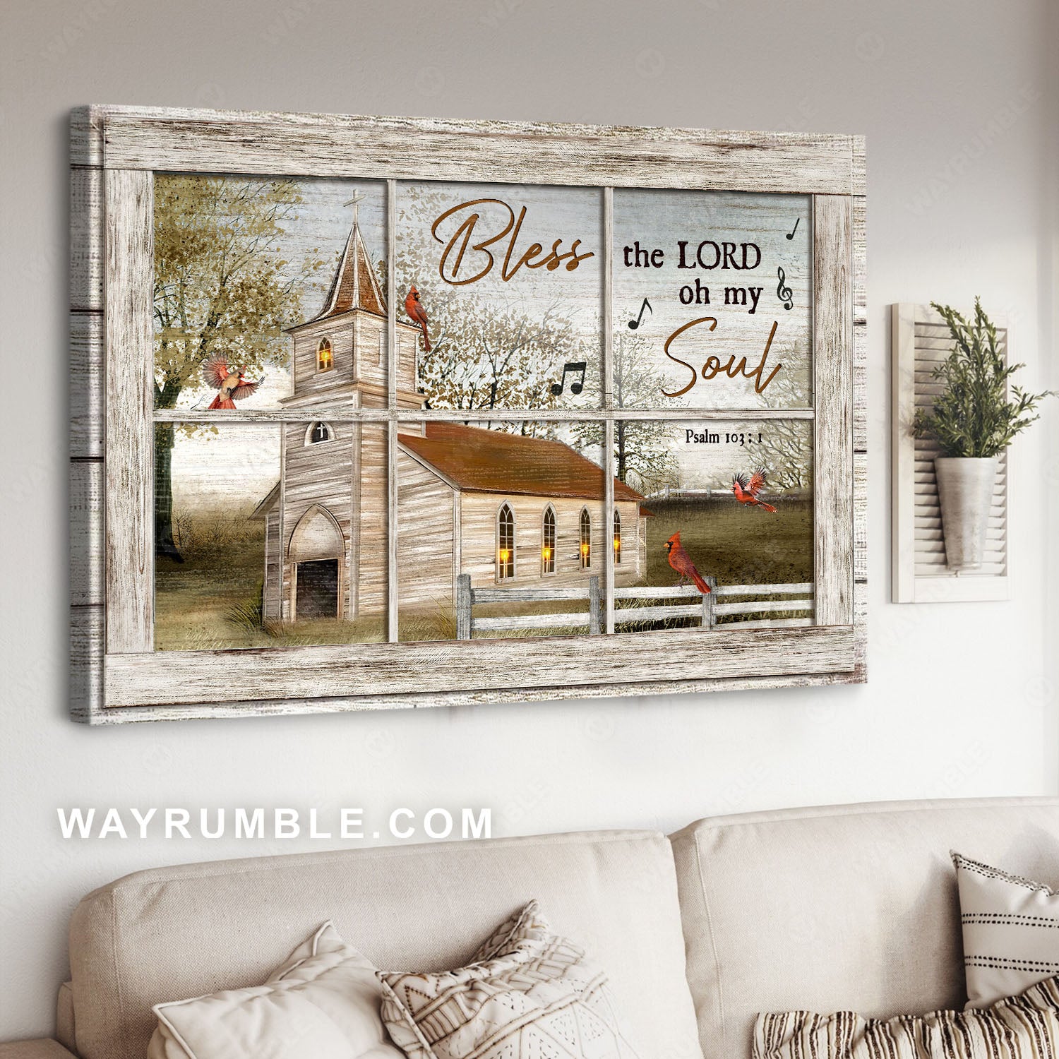 Beautiful church, Red cardinals, Green trees, Bless the lord - Jesus Landscape Canvas Prints, Christian Wall Art